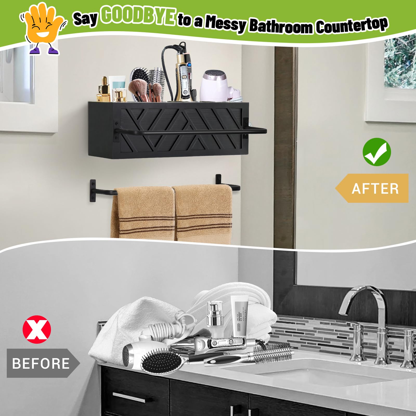 Wall Mount Hair Tool Organizer with 2 Towel Bars - Rustic Wooden Bathroom Organizer for Hair Dryer, Flat Iron, Curling Wand & Brushes - Space Saving Storage Solution for Home Salon & Bathroom Decor (Black)