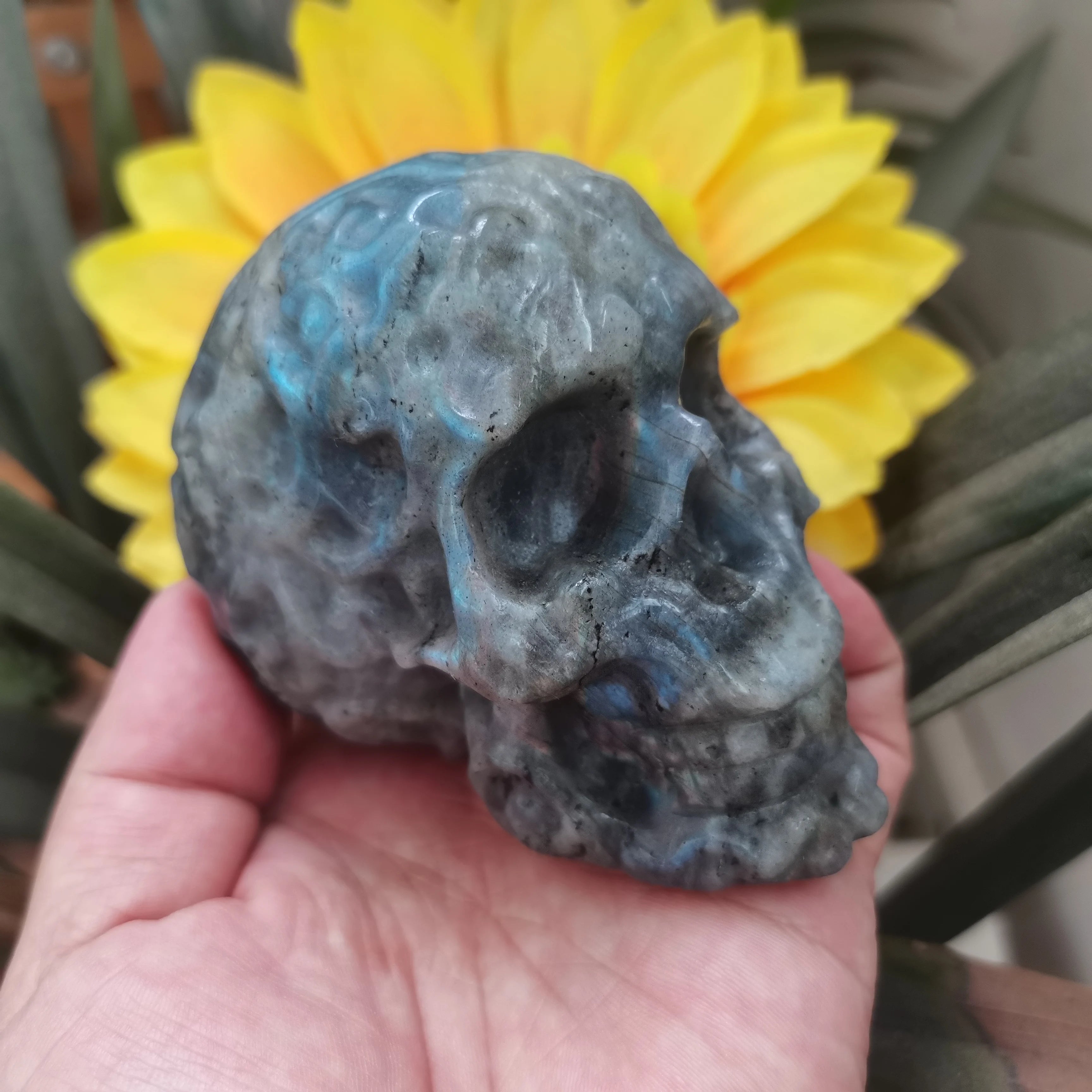750g 110mm Natural Labradorite Skull Carving - Healing Crystal Gemstone, Reiki Energy Stone, Feng Shui Home Decor, Unique Gift for Collectors & Spiritual Practitioners (Perfect for Meditation Spaces & Altar Displays)