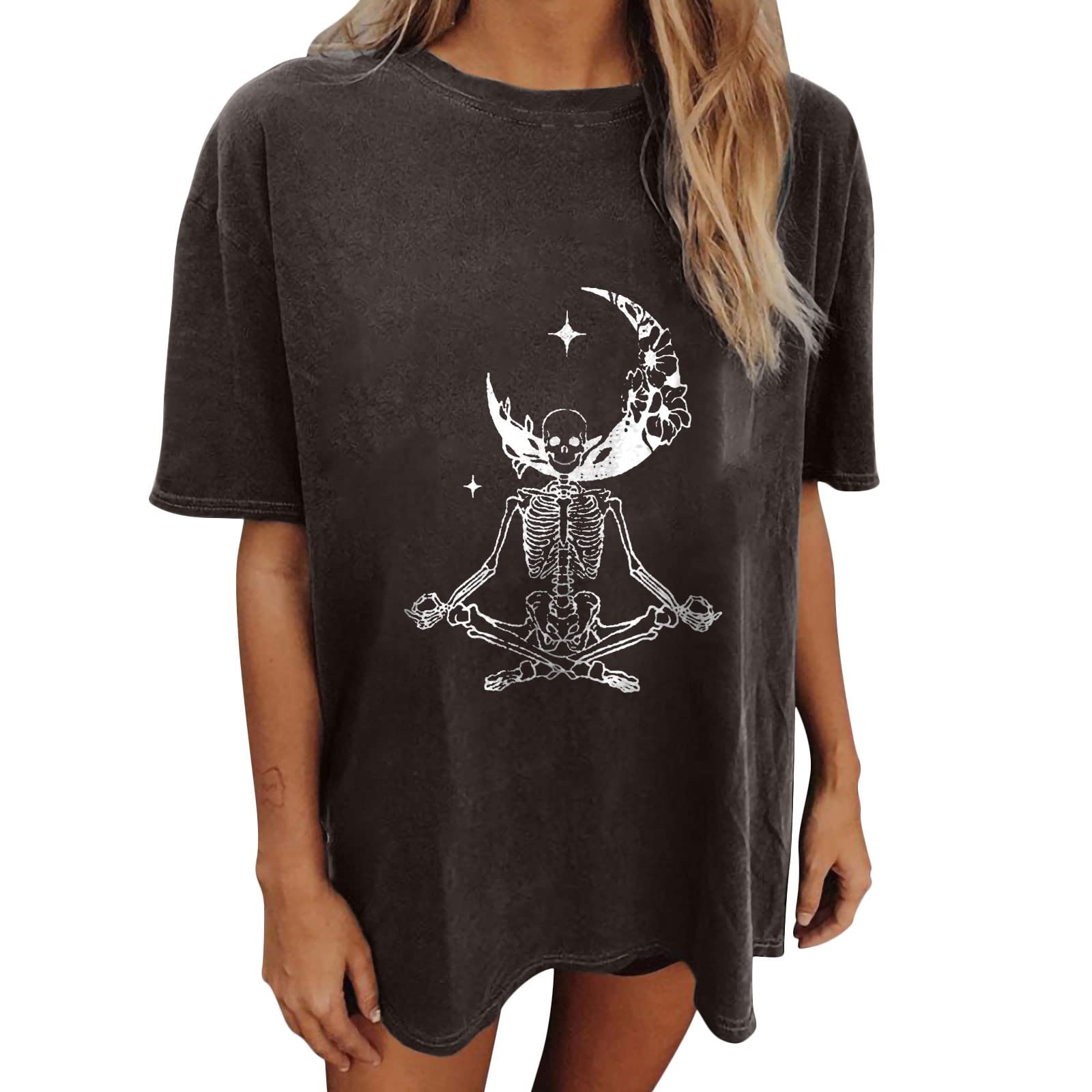 Women's Skeleton Graphic T-Shirt - Vintage Summer Short Sleeve Crewneck Top | Oversized Drop Shoulder Tee for Teens | Casual Streetwear, Music Festival Outfit, Layering Essential