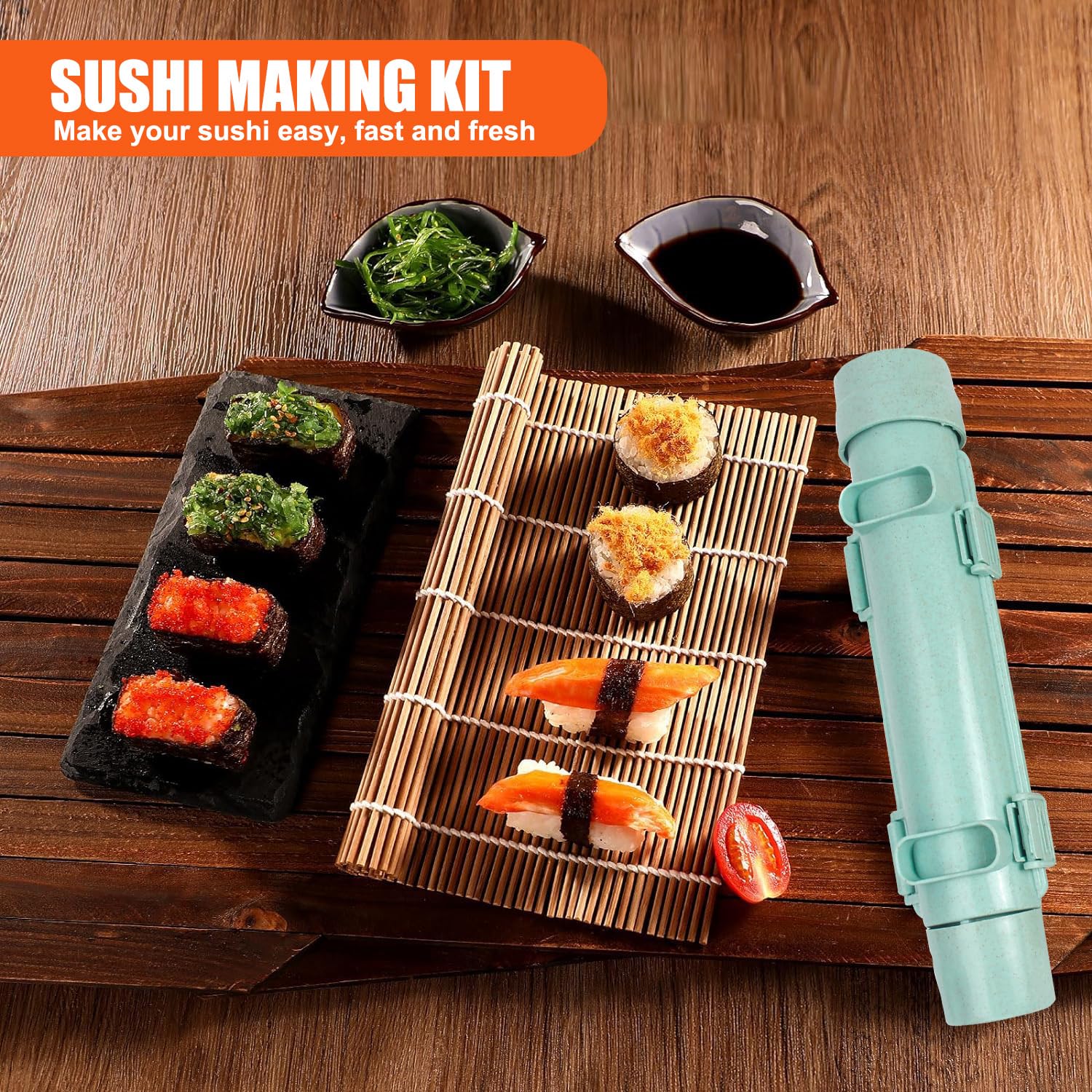 Premium Bamboo Sushi Making Kit - Complete Sushi Roller & Bazooka Maker Set with Bamboo Rolling Mat for Beginners (Green) | Perfect for Home Cooking, Party Snacks & Japanese Cuisine Lovers