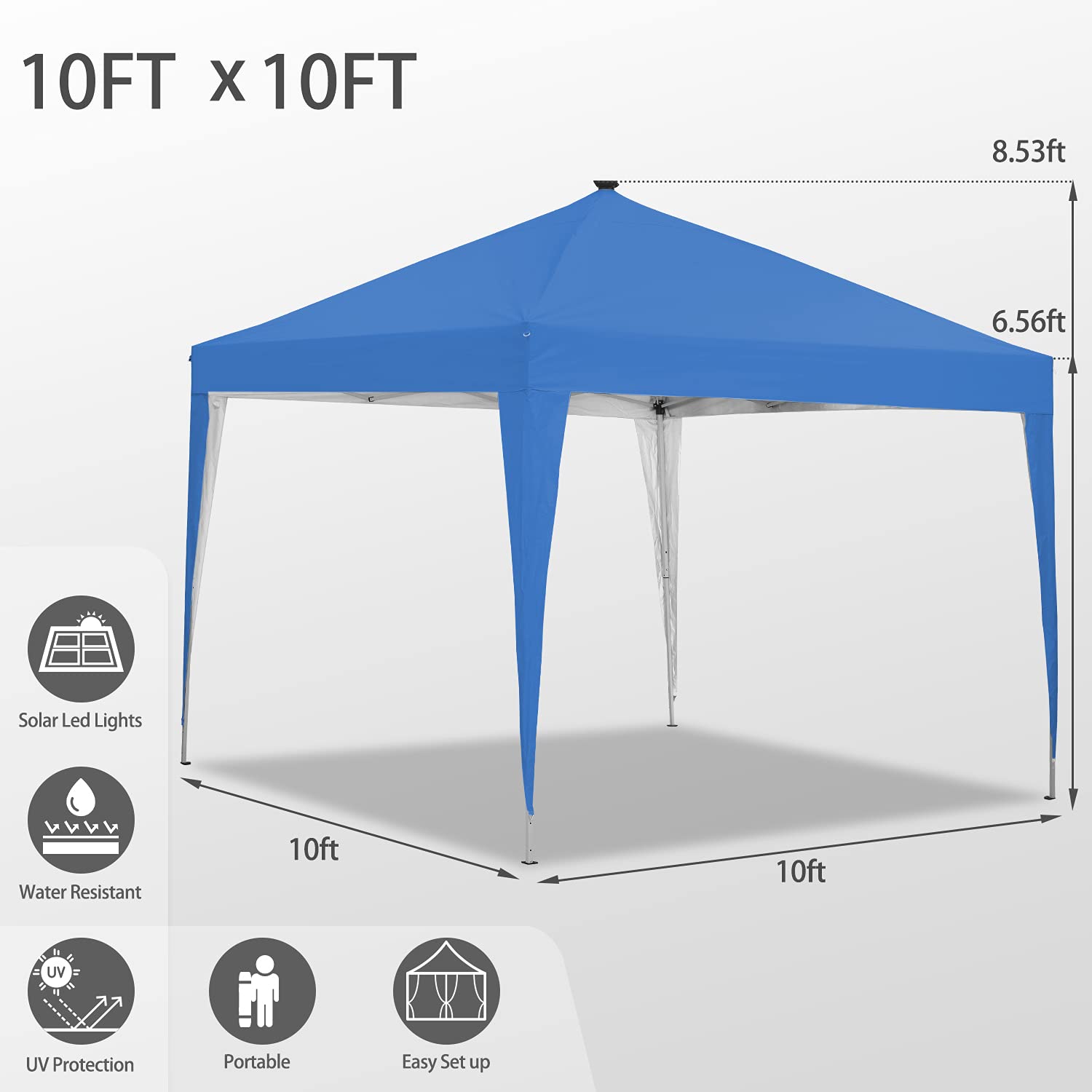 10x10 ft Pop-Up Canopy Tent with Solar LED Lights - Portable Outdoor Party Shelter for Camping, Tailgating, Beach & Backyard Events (Blue)