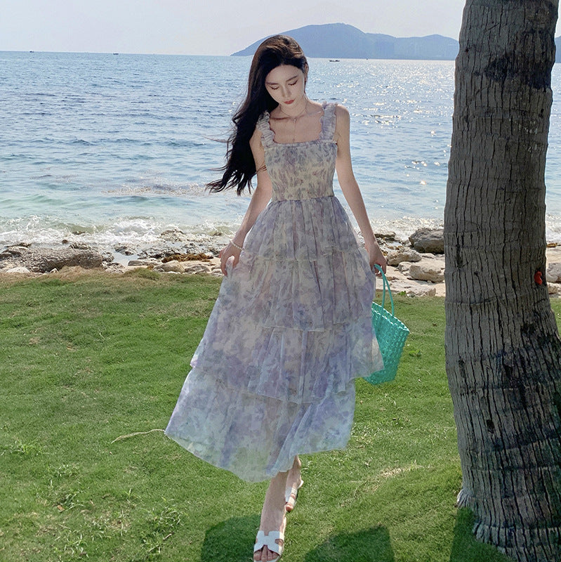Floral Spaghetti Strap Dress for Women - Summer French Sweet Cake Dress 776 | Perfect for Beach Vacations, Garden Parties & Date Nights