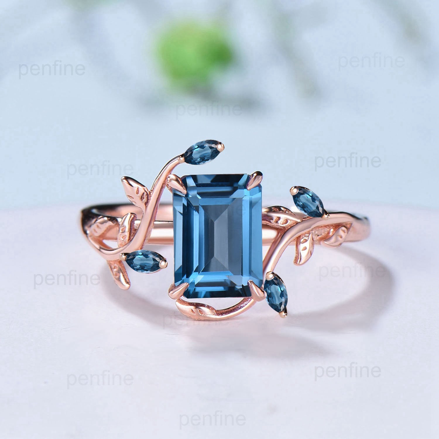 Art Deco Emerald Cut London Blue Topaz Engagement Ring Set - Nature Inspired Deep Blue Wedding Ring - Double Leaf Vine Moon Topaz Bridal Jewelry for Anniversary, Proposal & Special Occasions