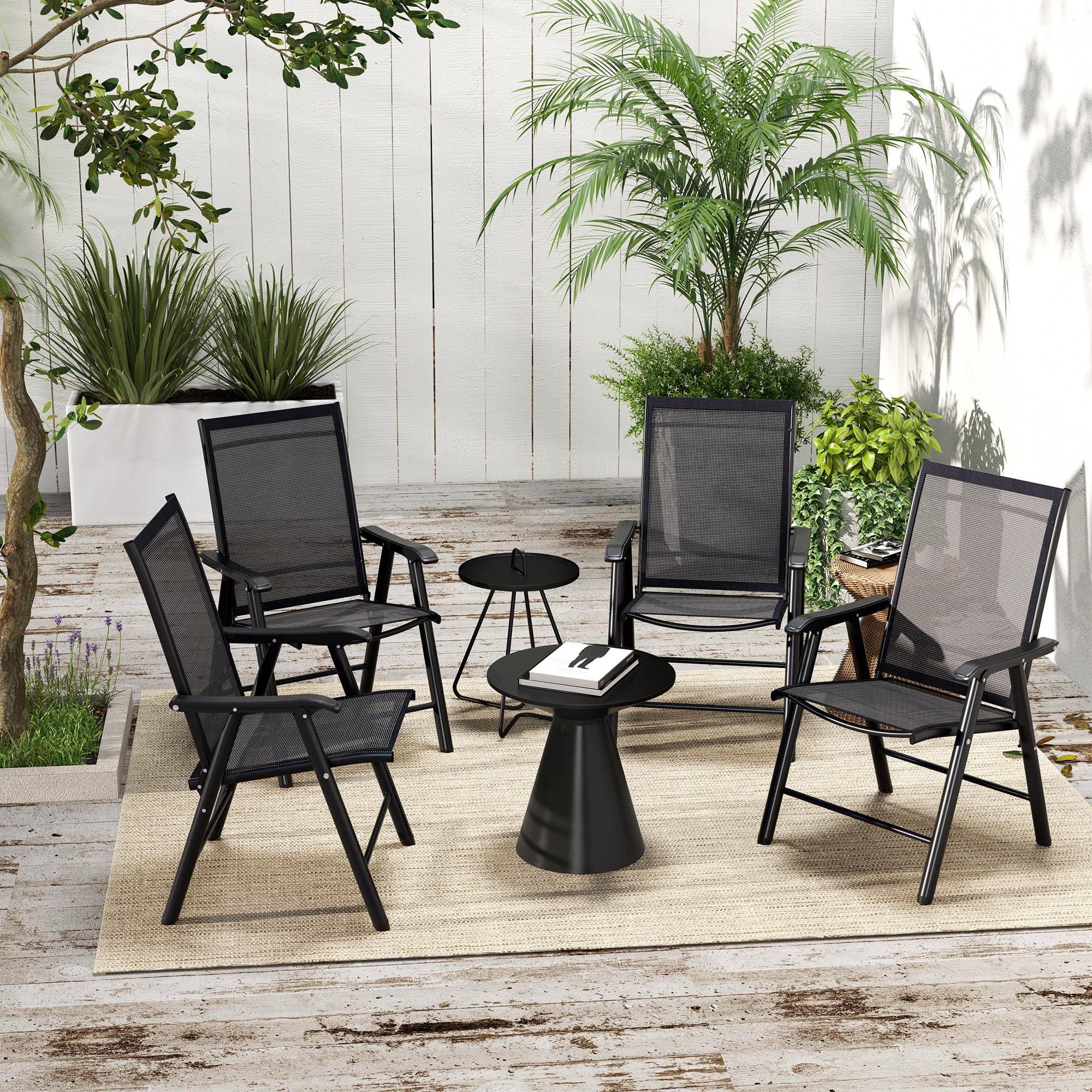 Outsunny 4-Piece Stackable Folding Patio Chairs Set - Black Metal Frame Outdoor Dining Chairs with Armrests for Lawn, Camping, Beach & Backyard - No Assembly Required | Perfect for BBQs, Poolside Lounging & Garden Parties