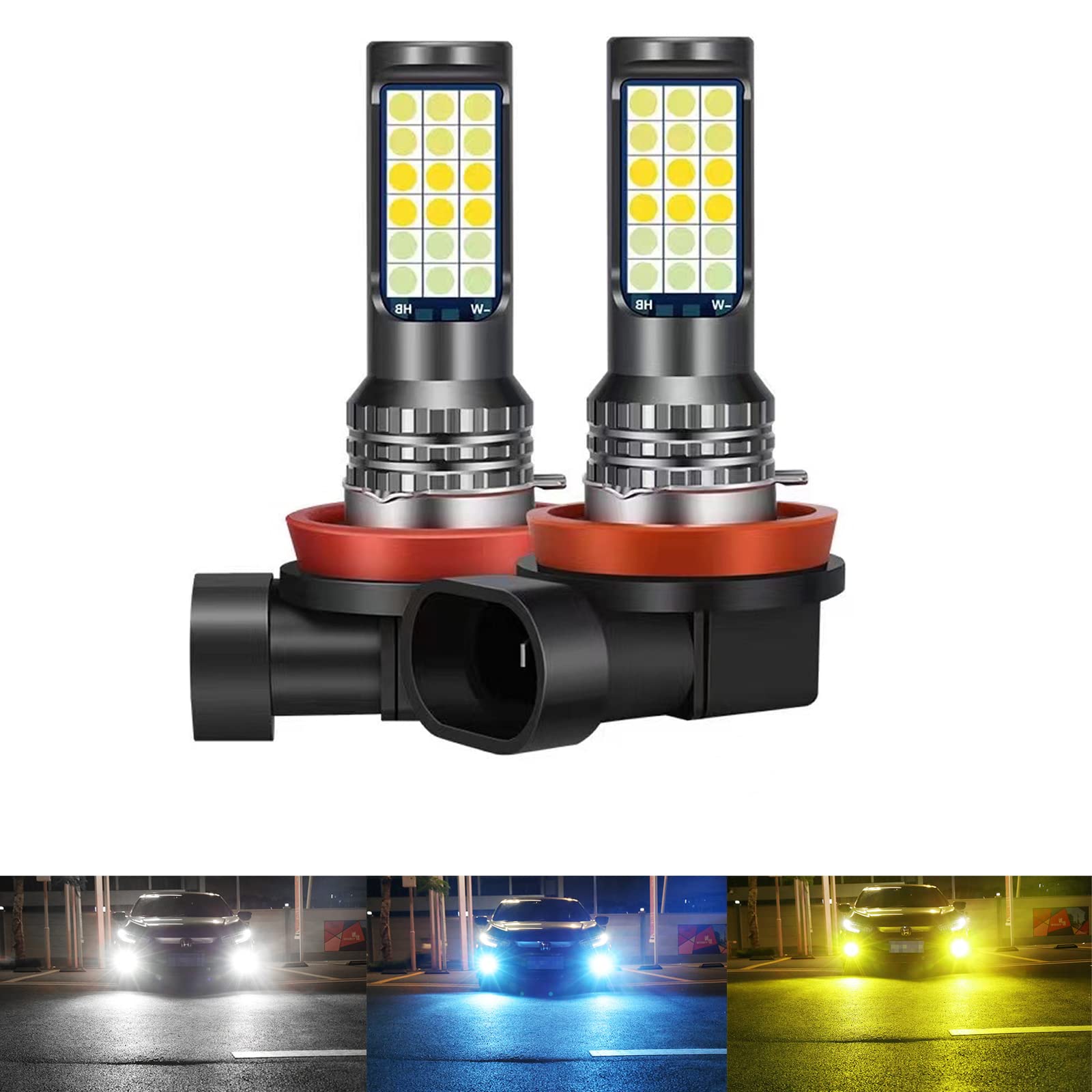 H8 H9 H11 LED Bulbs - 8000 Lumens 3-Color Switchback (8000K Blue/6000K White/3000K Yellow) - 300% Brighter Halogen Replacement - Plug & Play Fog Lights & DRL for Cars, Trucks, SUVs - Perfect for Night Driving, Off-Roading & Enhanced Visibility (Pack of 2)