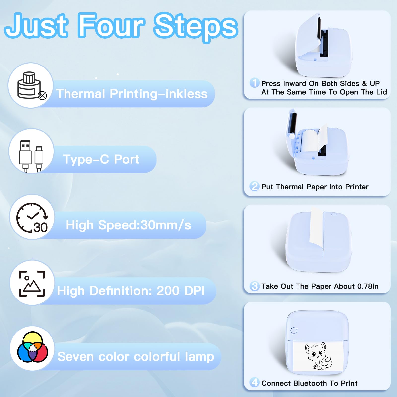 Mini Sticker Printer with 6 Rolls Paper - Portable Thermal Label Maker for DIY Scrapbooking, Travel Journaling, Note Taking & Memos - 7 Color LED Light Modes - iOS & Android Compatible - Perfect for Home Office, School Projects & Gift Giving
