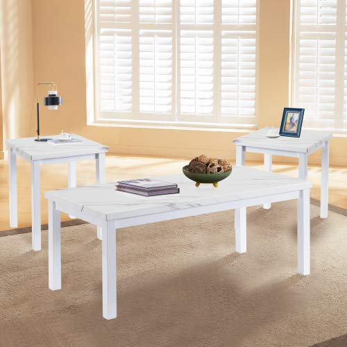 AWQM 3-Piece Faux Marble Coffee Table Set - Rectangular Coffee Table & 2 Side End Tables - Modern Living Room Furniture for Small Spaces, Apartments - White Marble Finish - Perfect for Entertaining, Relaxing & Home Decor
