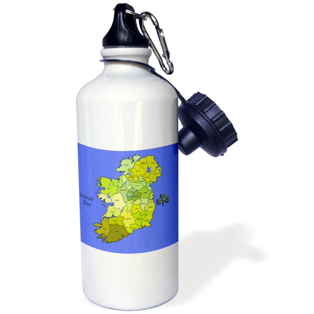 3D Rose Colorful Green Map of Ireland with Counties - 21 oz White Sports Water Bottle for Gym, Hiking & Outdoor Activities