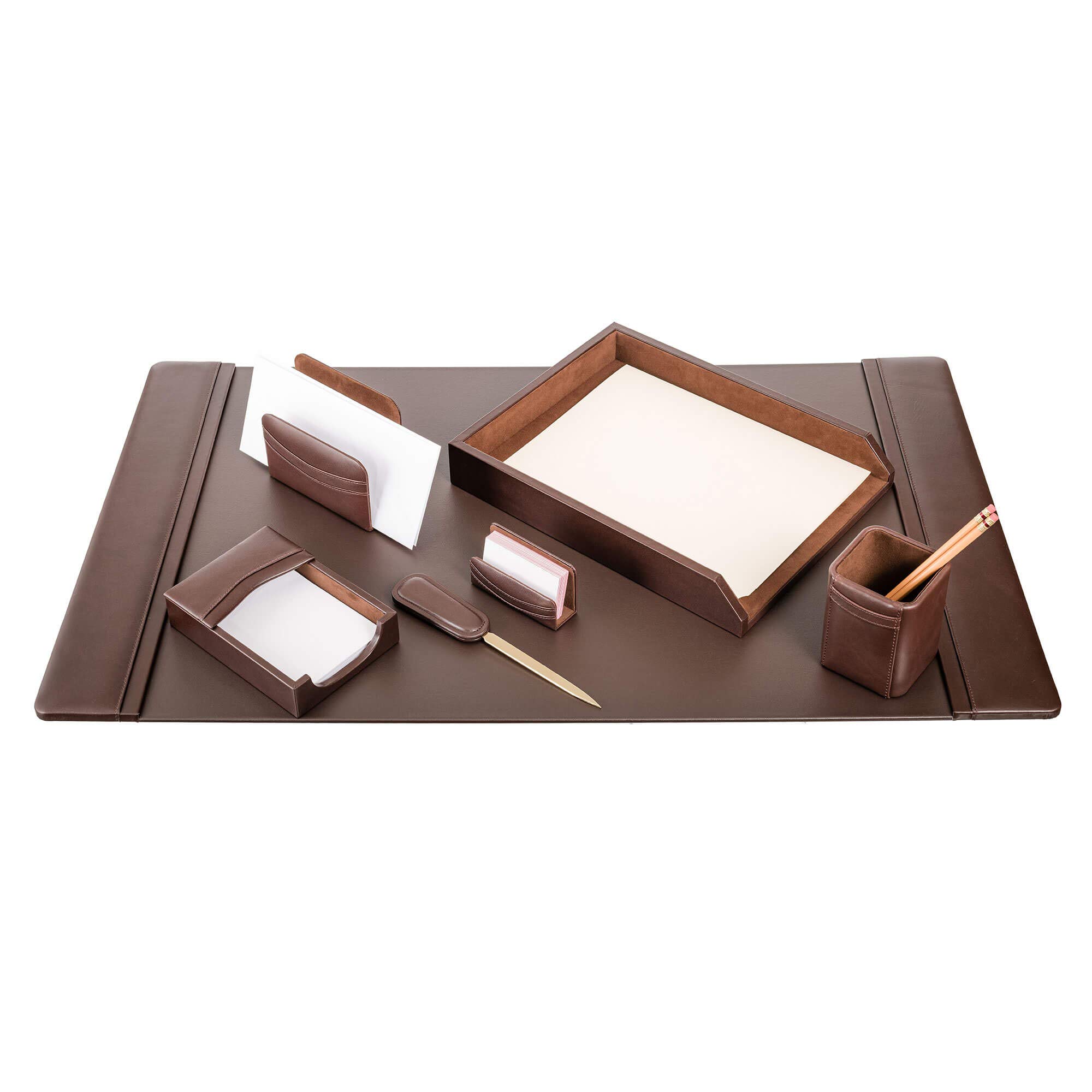 Premium Dacasso 7-Piece Leather Desk Set in Chocolate Brown - Elegant Office Organizer for Home & Executive Workspace - Perfect for Pens, Stationery & Business Accessories