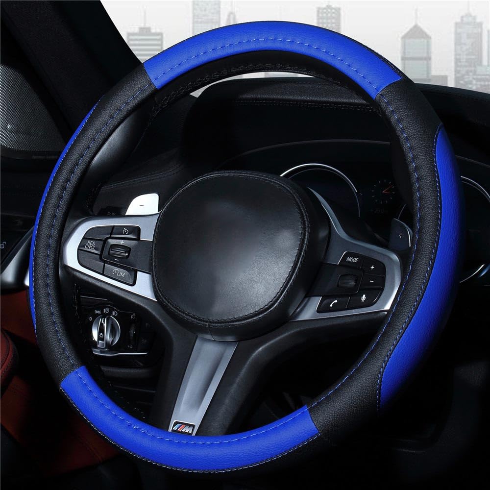 Mayco Bell 15 Inch Car Steering Wheel Cover - Black & Dark Blue - Soft, Durable & Non-Slip for Safety & Comfort - Perfect for Daily Commute, Road Trips & Winter Driving