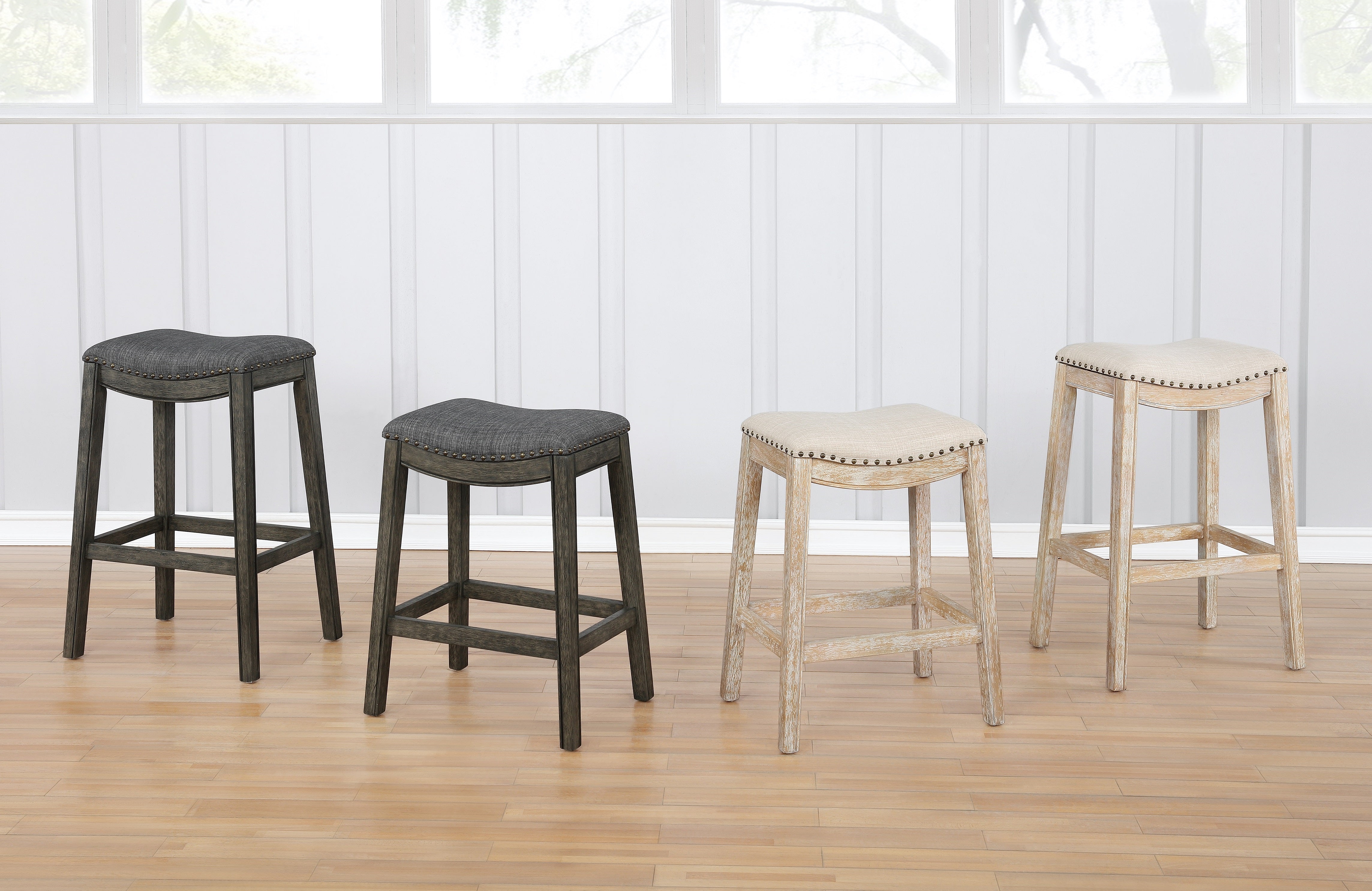 Roundhill Furniture Maroni Whitewash Finish Fabric Upholstery Nailhead Bar Stools - Set of 2 Gray Saddle Stools for Kitchen Island, Breakfast Bar & Home Decor