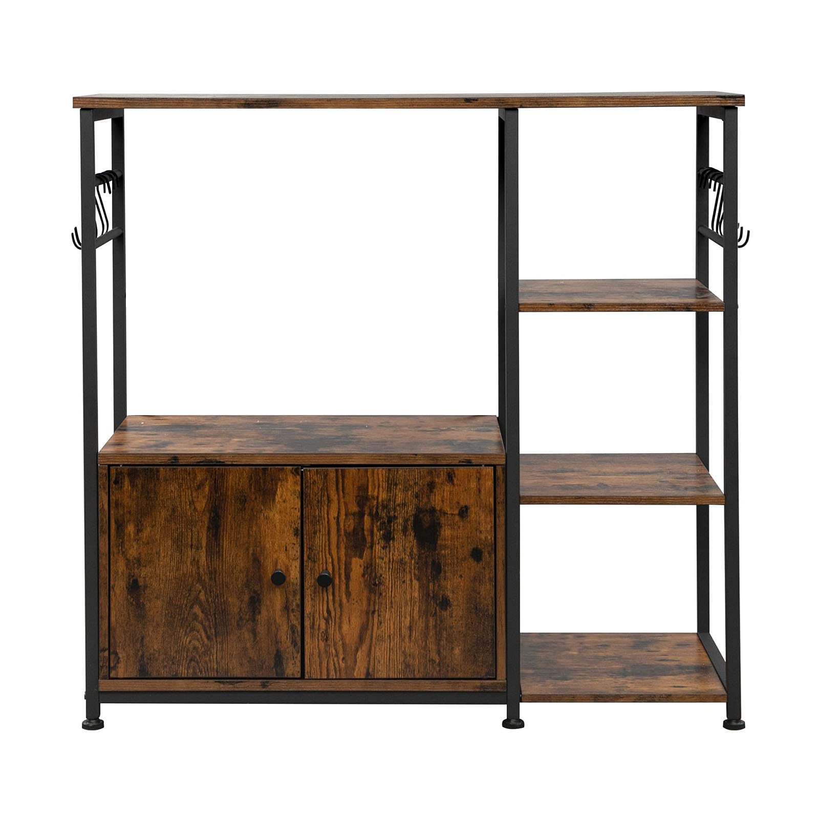 4-Tier Baker's Rack with Cabinet & 8 Hooks - Multi-Purpose Kitchen Storage Shelf for Microwave, Oven & Living Room Organization - Space-Saving Brown Utility Rack for Small Kitchens, Apartments & Dorm Rooms