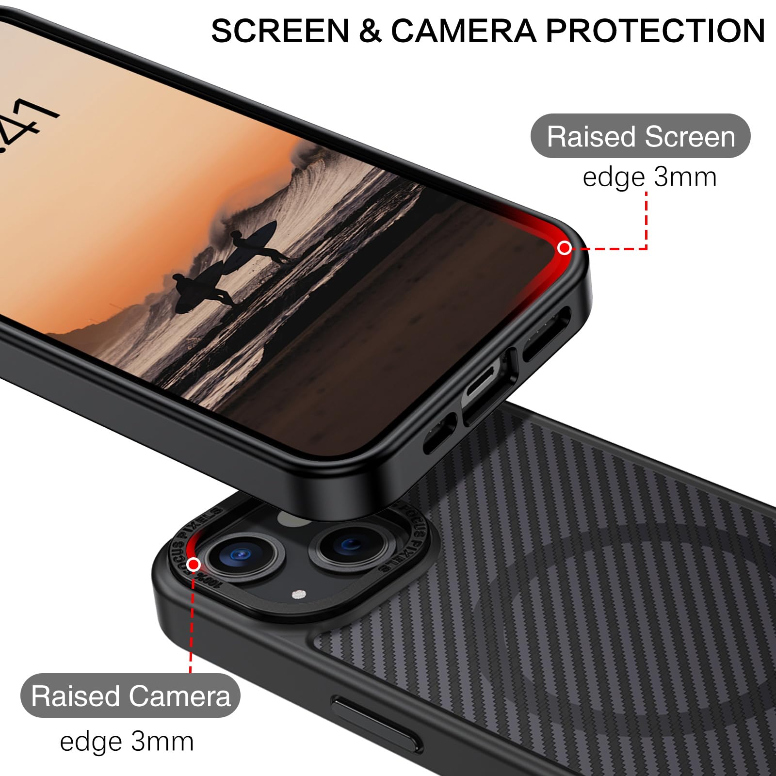 Magnetic iPhone 13/14 Case with Carbon Fiber - Slim Fit, Shockproof & MagSafe Compatible Protective Cover for Women & Men (6.1
