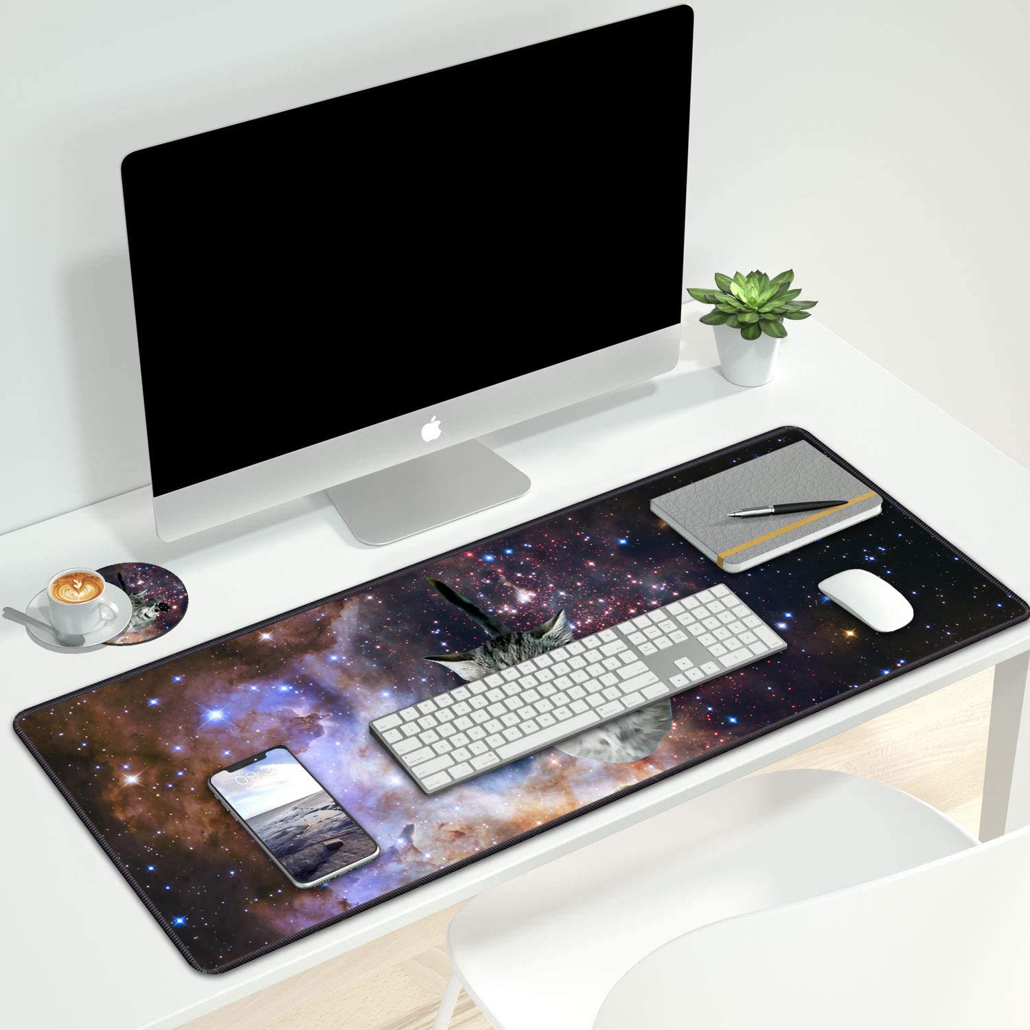 XXL Gaming Mouse Pad with Coasters Set - Stitched Edges, Non-Slip Desk Mat for PC, Laptop & Office (31.5x11.8 Inch) - Perfect for Gaming, Work & Home Office Setup | Galaxy Fly Cat Design