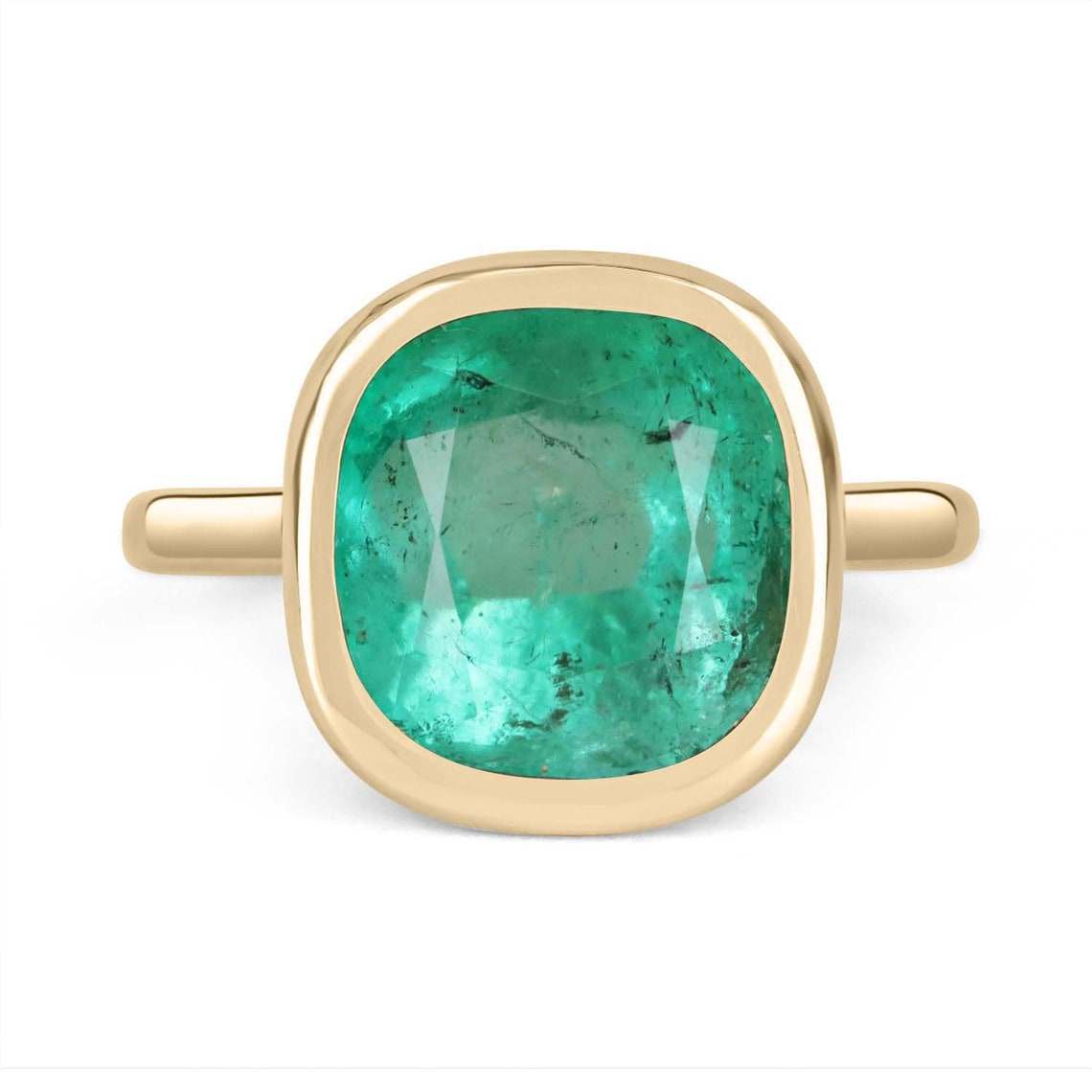 6.12cts Colombian Emerald Solitaire Bezel Ring in 14K Gold - Elegant Right Hand Jewelry for Women, Perfect for Weddings, Parties & Special Occasions