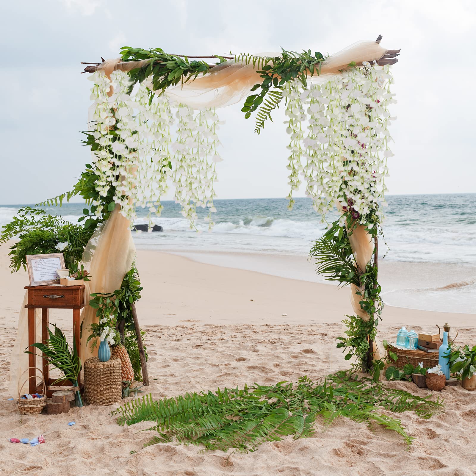 12 PCS Artificial Wisteria Hanging Flower Garland - Fake Wisteria Vine for Wedding, Party, Garden Decor - Outdoor Greenery & Office Wall Decoration (White) - Perfect for Home, Patio, and Event Backdrops