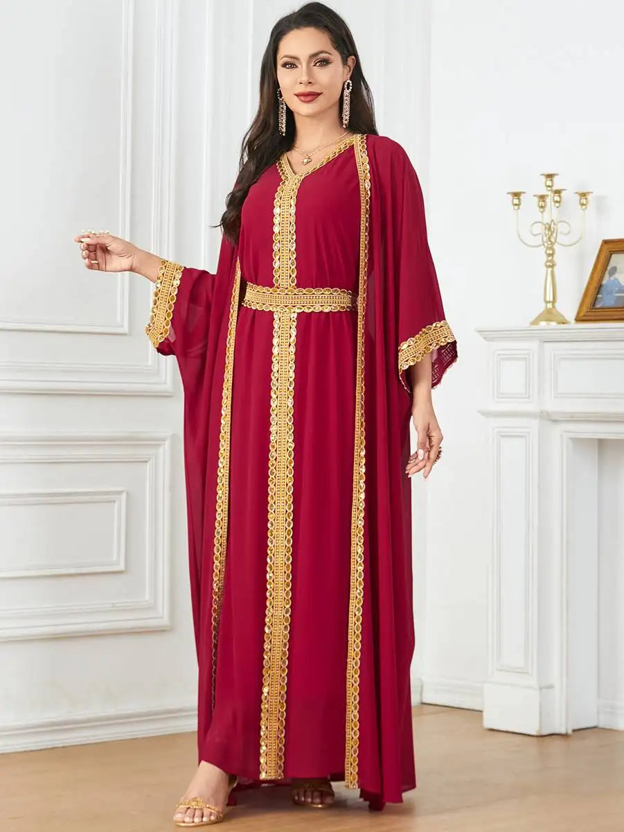 Elegant Eid Chiffon 2-Piece Caftan Dress Set with Sleeveless Inner Dress - Perfect for Muslim Women's Holiday Celebrations, Special Occasions & Summer Outfits