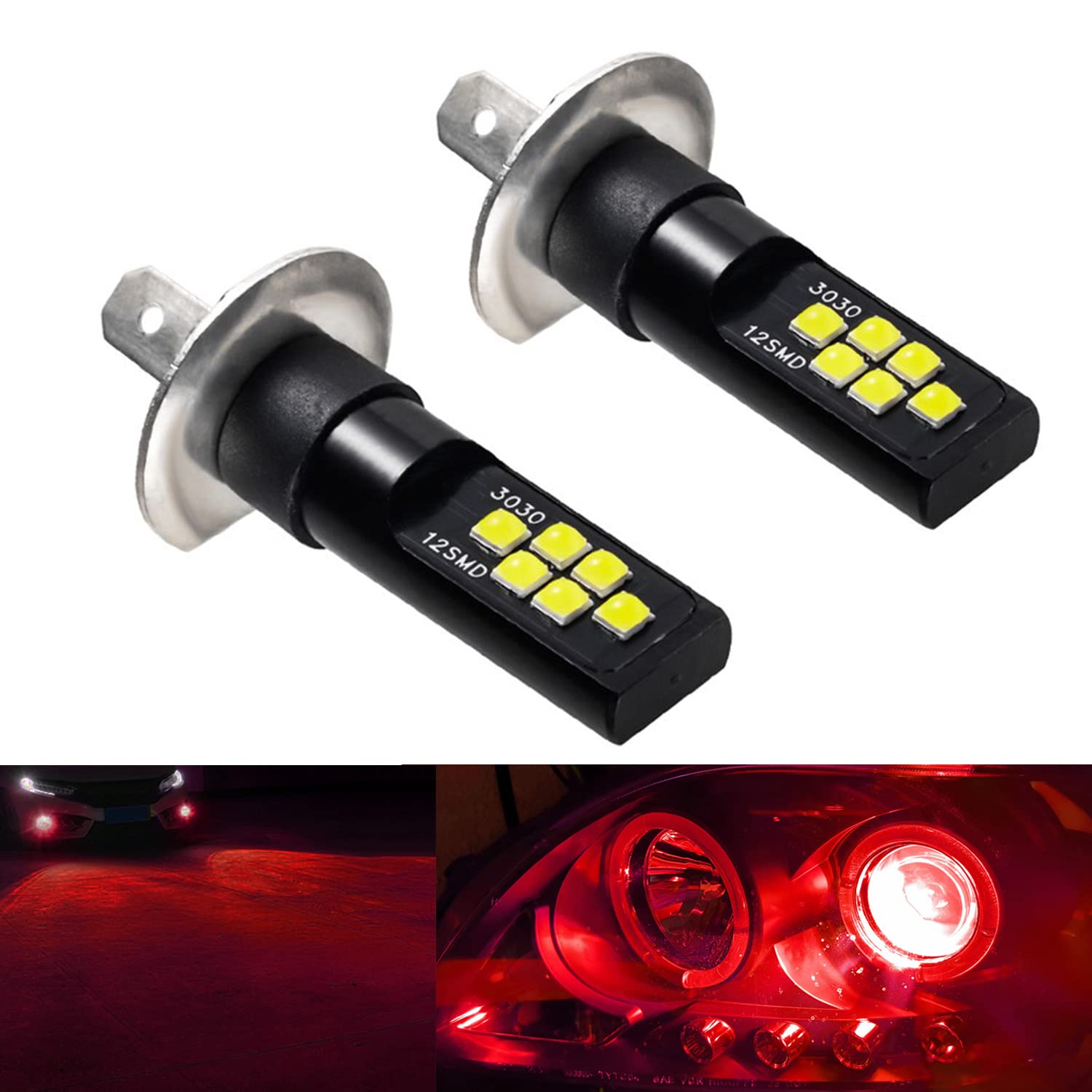 SOCAL-LED 2x H1 LED Fog Light Bulbs for Powersports - 3030 SMD Super Bright Red DRL Daytime Running Lights - Perfect for ATV, UTV, Motorcycle & Off-Road Vehicles