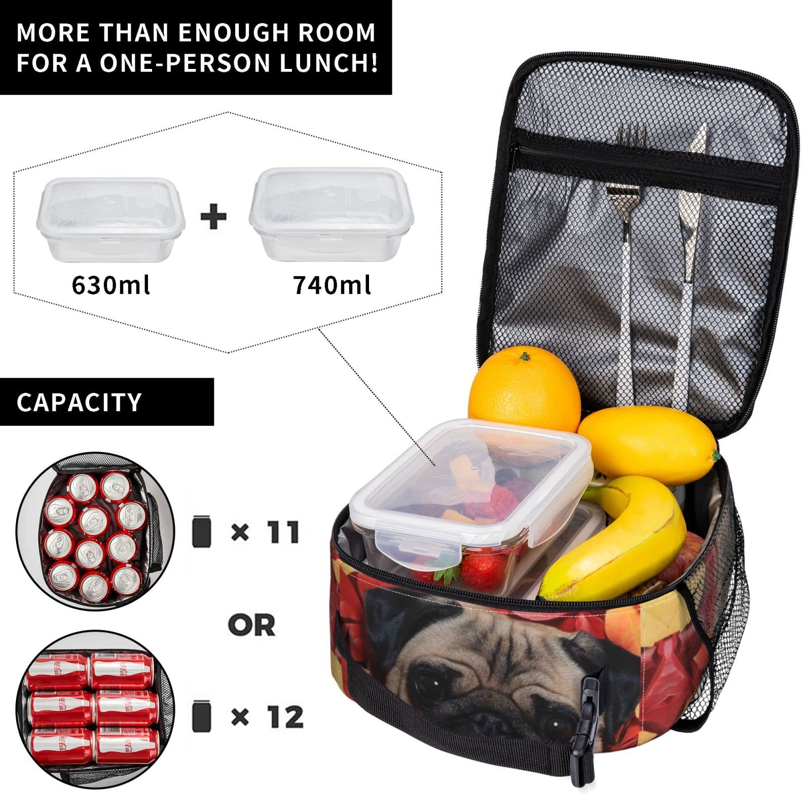 Insulated Reusable Lunch Box Cooler Bag for Kids & Adults - Cute Pug Dog Design | Perfect for School, Work, Picnics & Outdoor Activities
