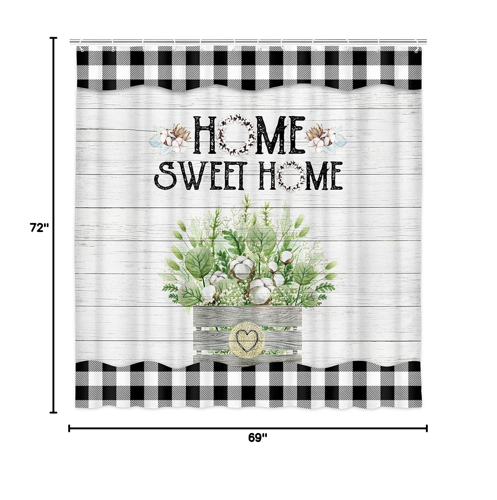 NYMB Rustic Farmhouse Shower Curtain - Modern Floral Green Eucalyptus Leaves on Black & White Buffalo Plaid Checkered Bathroom Curtain - Vintage Country Gray Wooden Fabric Shower Liner (36x72 inches) - Perfect for Farmhouse, Cottage & Vintage Style Bathrooms