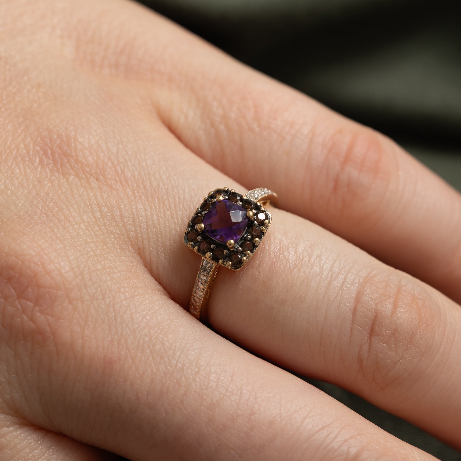 Amethyst & Smokey Quartz Halo Ring - 0.69ctw Gemstone, 0.01ctw Diamond Accents - Size 5 - Elegant Jewelry for Women, Perfect for Weddings, Anniversaries & Special Occasions