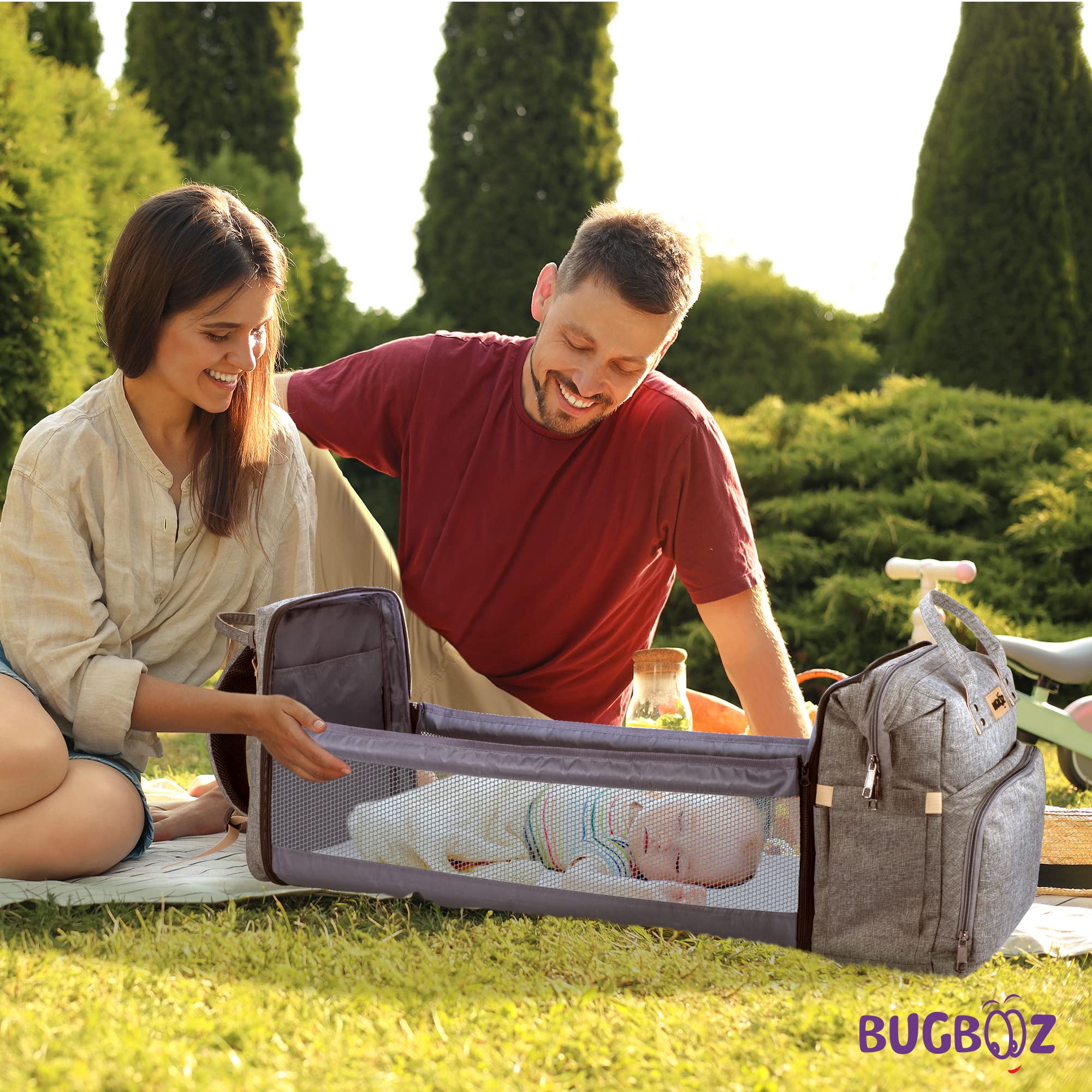 BUGBOOZ Large Waterproof Diaper Backpack for Baby - Gray & Black Travel Diaper Bag with Changing Station & USB Charging Port | Perfect for Daycare, Travel, and On-the-Go Parents (Pack of 1)