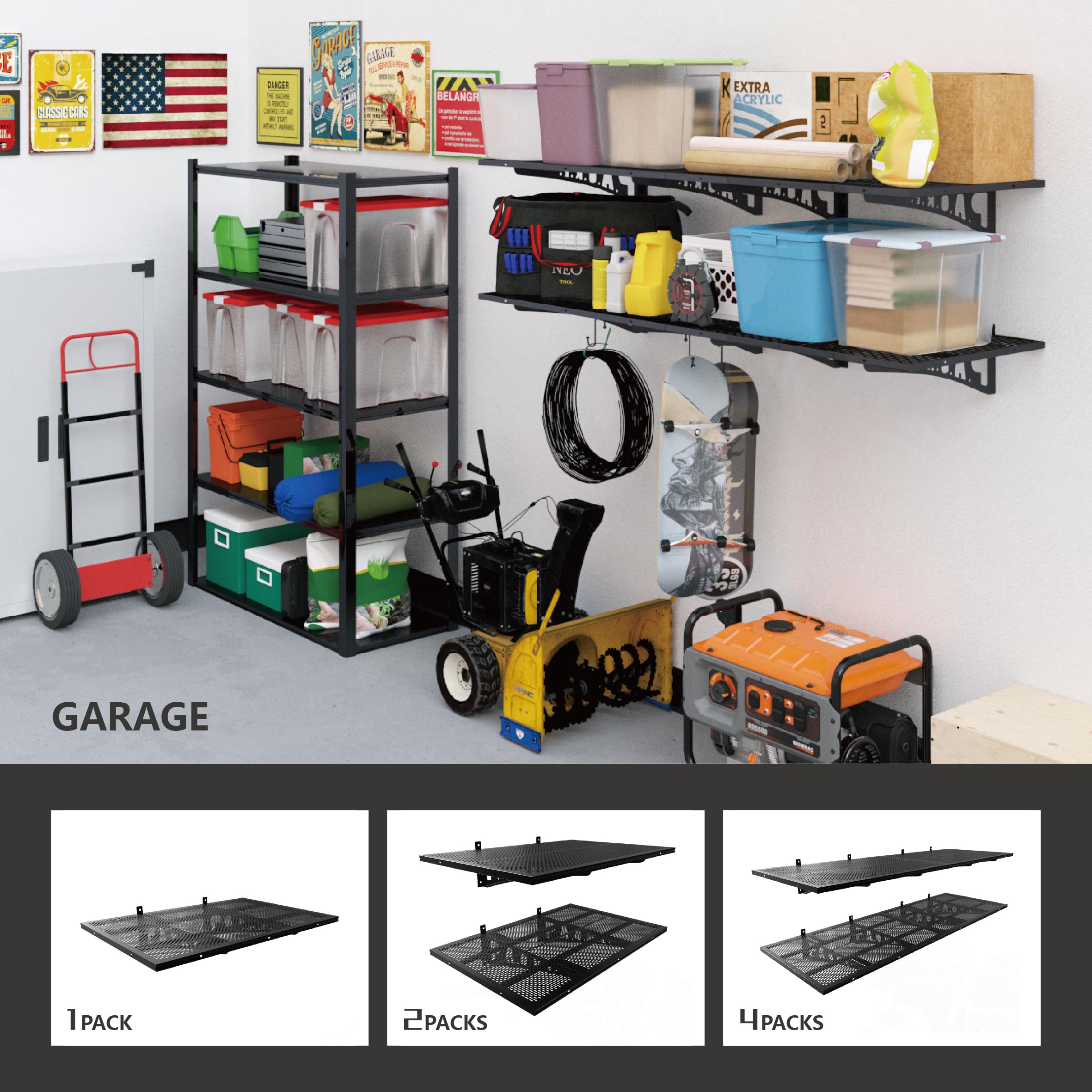 Heavy Duty Garage Wall Shelves 2 Pack - 500 lbs Capacity Floating Shelves for Garage Storage, 2x3ft Black Metal Shelving - Perfect for Organizing Tools, Bikes & Garage Supplies