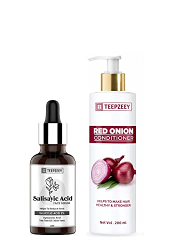 Teepzeey Salicylic Acid Face Serum for Acne, Blackheads & Pores (40ml) + Red Onion Hair Conditioner for Growth & Fall Control (200ml) - Skincare & Haircare Combo for Clear Skin & Healthy Hair - Perfect for Daily Beauty Routine & Acne-Prone Skin Care
