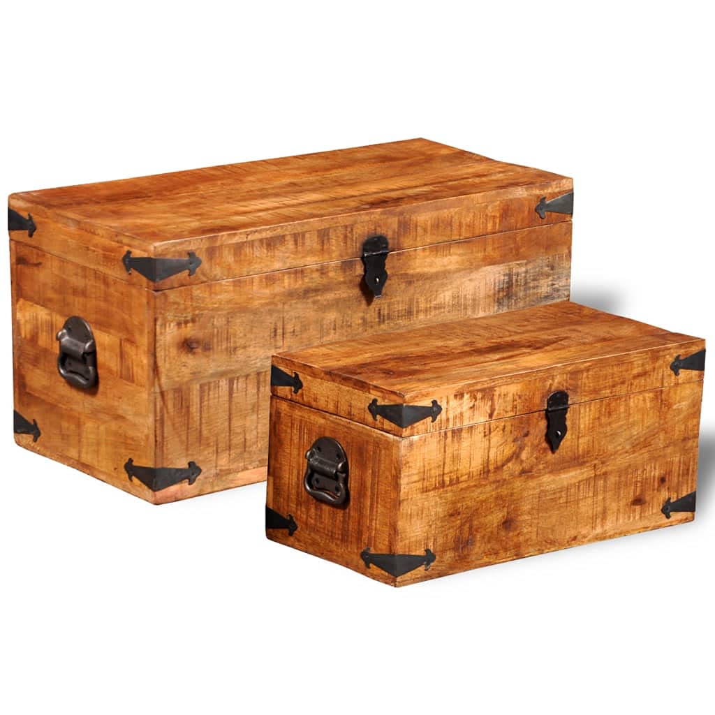 2-Piece Mango Wood Storage Chest Set - Toy Box, Storage Basket & Retro Entryway Bench - Large Sturdy Trunk for Living Room & Bedroom - Easy Assembly - Perfect for Organizing Toys, Blankets & Home Decor