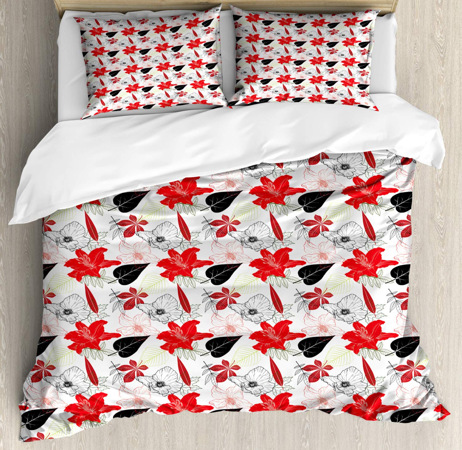 Ambesonne Floral Duvet Cover Set - King Size 2-Pack with 4 Pillowcases | Summer Botanical Blossom Design on White | Soft Bedding for Master Bedroom, Guest Room & Vacation Homes