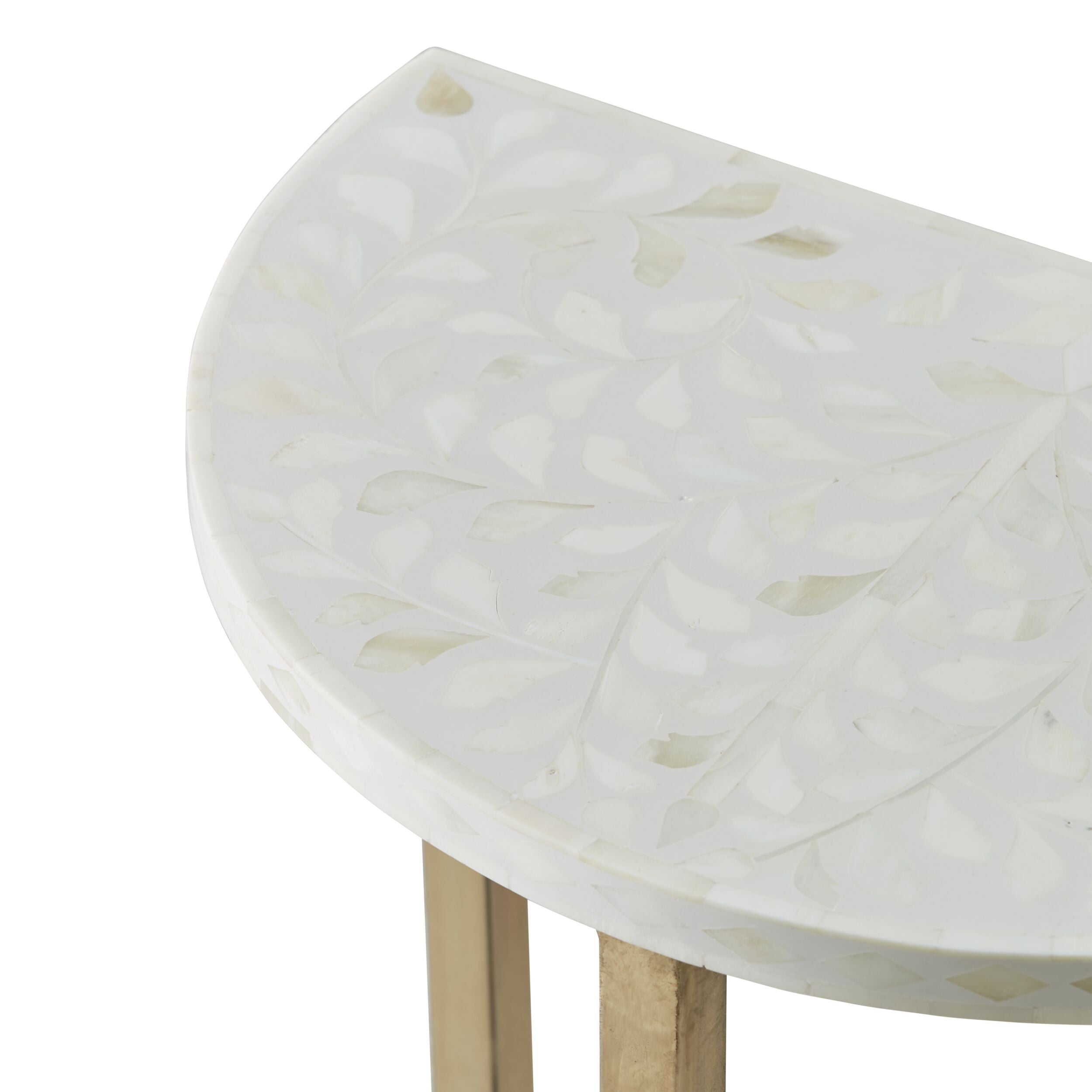 Handcrafted Bone Inlay Half Moon Side Table with Gold Frame - 17.3