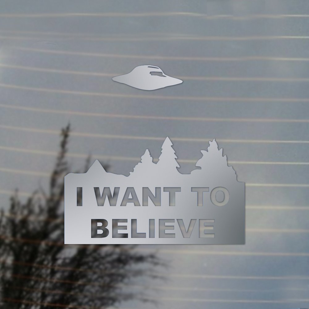 I Want to Believe UFO Vinyl Decal - Silver Cosplay Sticker for X-Files Fans, Laptops, Cars & Windows - Perfect for Sci-Fi Decor & Fan Gear