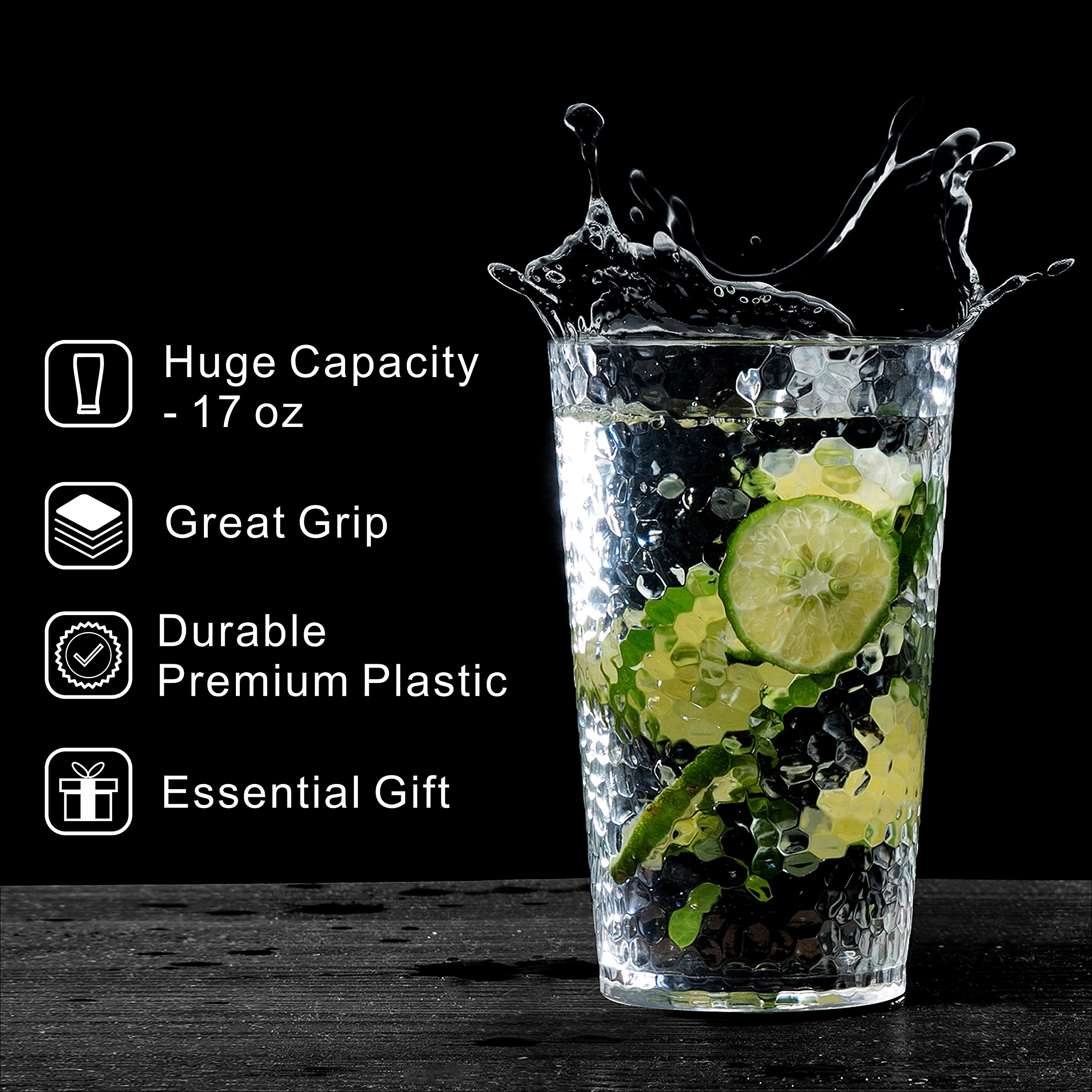 Unbreakable Plastic Tumbler Cups Set of 8 - 17oz Large Clear Highball Drinking Glasses for Water, Juice & Cocktails - Perfect for Parties, BBQs, Picnics & Outdoor Events