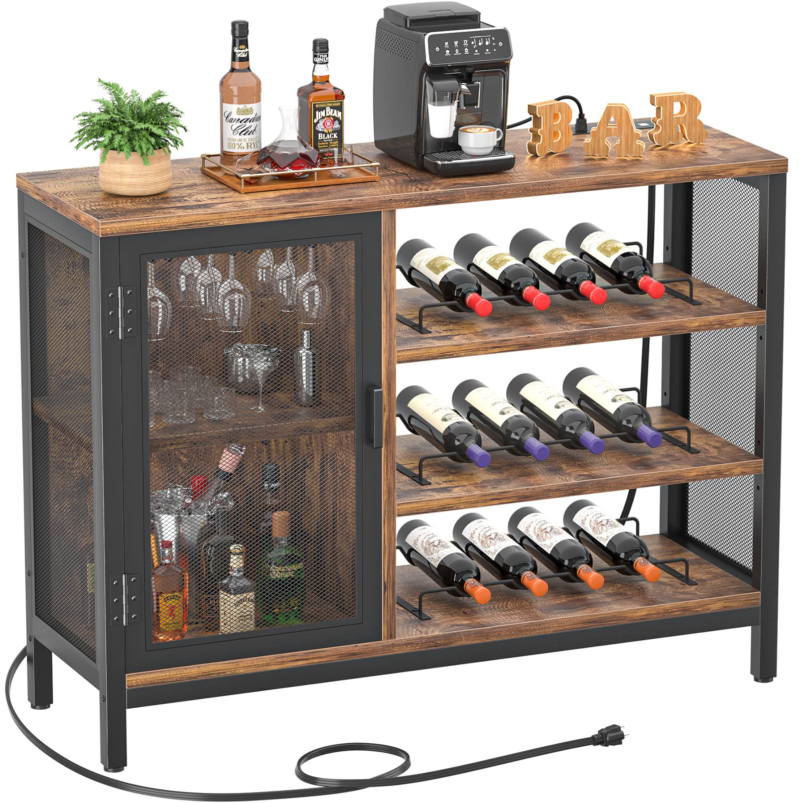 Homieasy Industrial Wine Bar Cabinet with Power Outlets - Farmhouse Coffee & Liquor Storage with Removable Wine Racks & Glass Display - Rustic Brown Bar Cabinet for Kitchen, Dining Room or Home Bar Setup