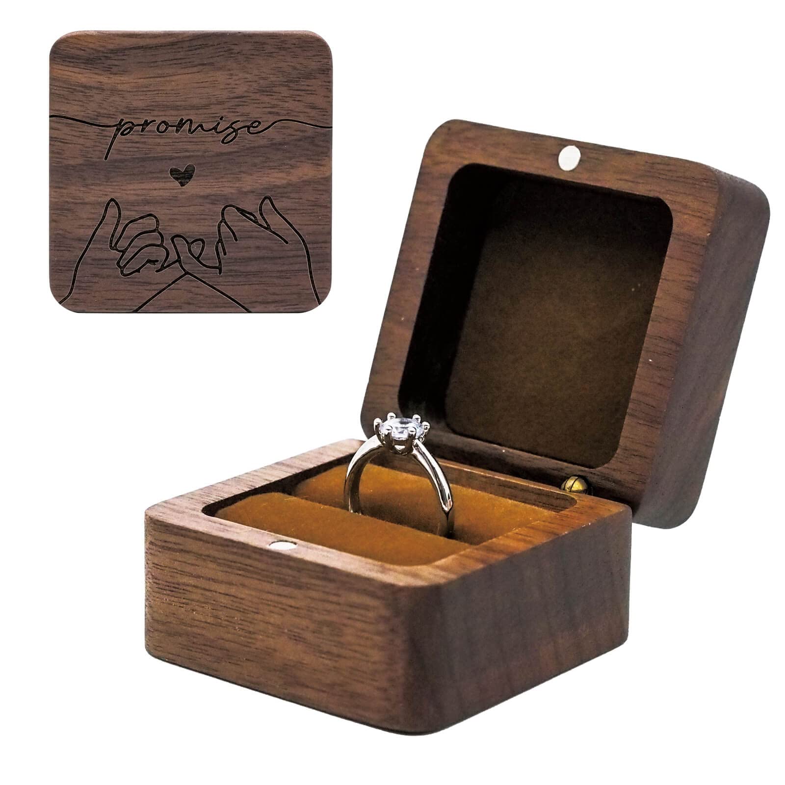 Engraved Solid Wood Rustic Square Ring Box - Vintage Jewelry Storage Box for Wedding & Engagement - Perfect for Proposals, Anniversaries, and Gift Giving (Brown)