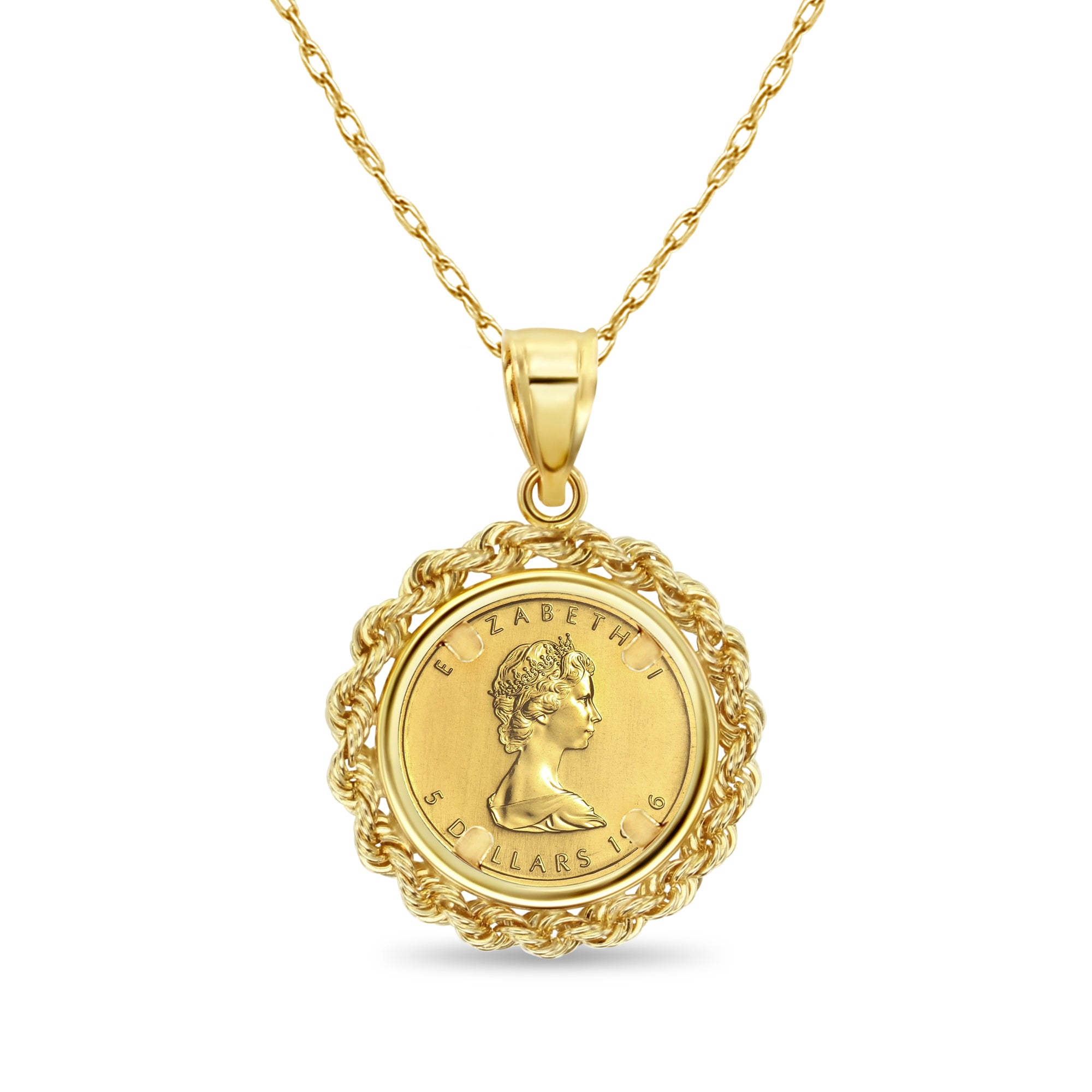 1/10 oz Fine Gold Canadian Maple Leaf Coin Necklace with Rope Bezel - Elegant Jewelry Gift for Women, Perfect for Weddings, Anniversaries & Special Occasions