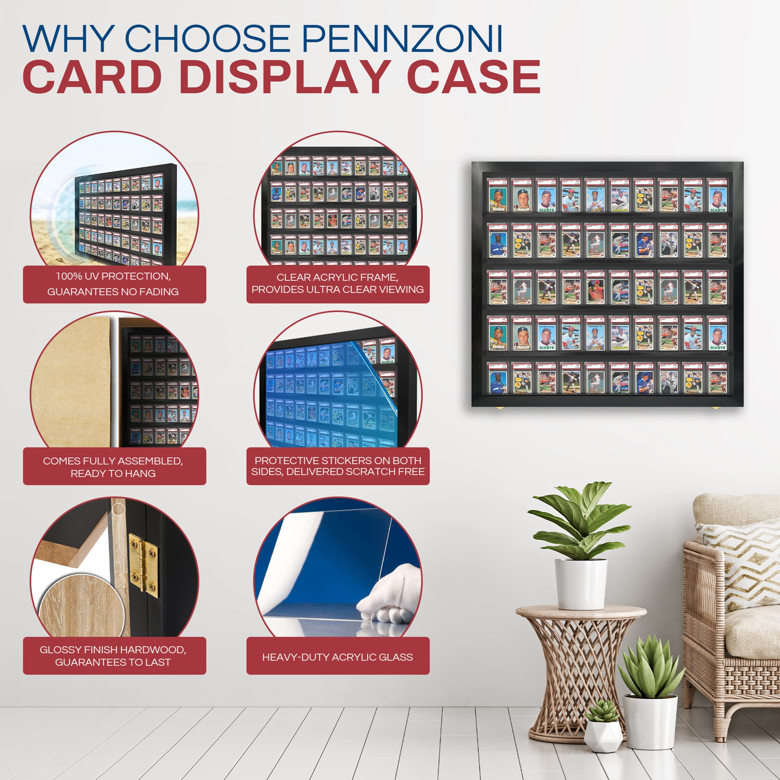 Baseball Card Display Case - 50 Graded Sports Frame with Lock & UV Protection - PSA Certified for Pokemon, Football & Basketball Cards | Perfect for Collectors, Home Decor & Gift Giving