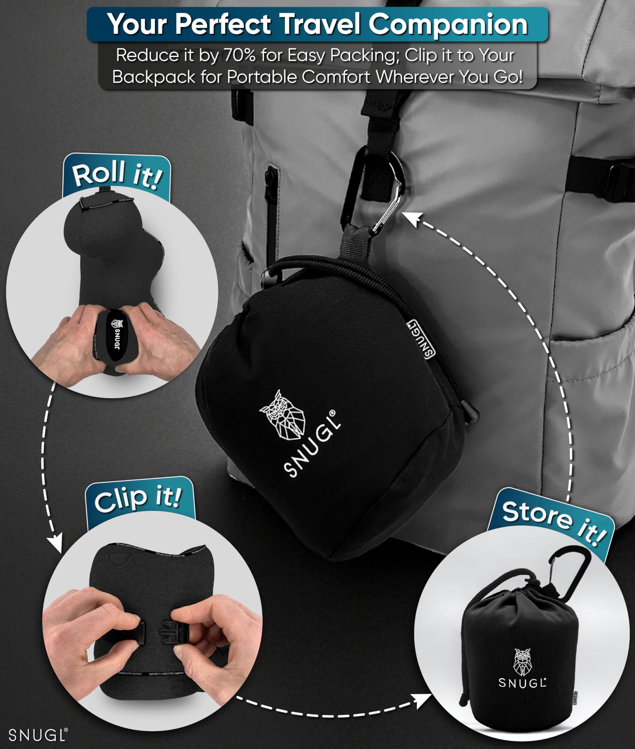 SNUGL Memory Foam Travel Neck Pillow for Airplane Sleeping - Ergonomic Neck Support with Carry Bag & Clip - Best Flight Travel Accessories for Long Haul Flights, Road Trips & Camping - Black