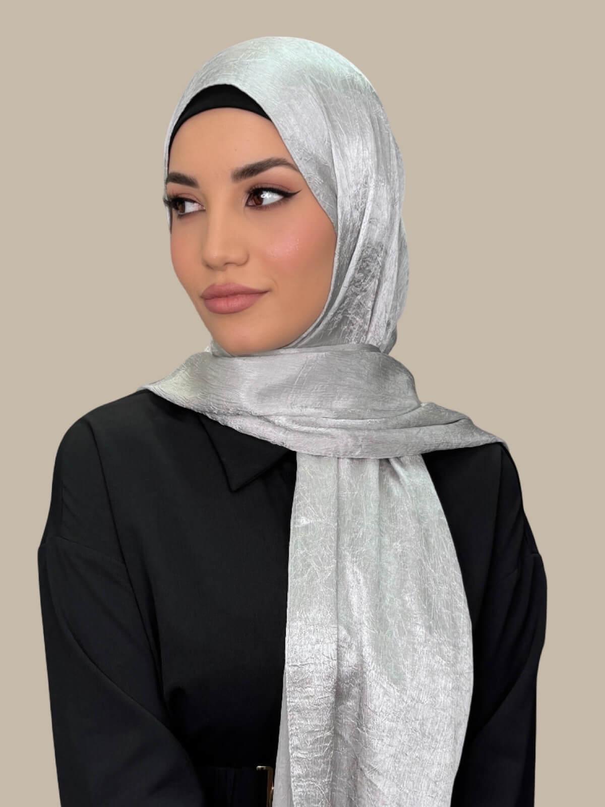 Elegant Silver Satin Hijab - Modest Muslim Headscarf for Women - Perfect for Prayer, Daily Wear & Special Occasions