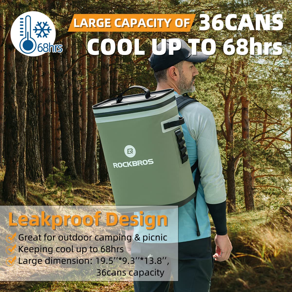 ROCKBROS Leak-Proof Insulated Backpack Cooler - 36 Can Waterproof Soft-Sided Cooler Bag for Camping, Fishing, Picnics & Outdoor Adventures | Perfect for Beach Trips, Tailgating & Road Trips