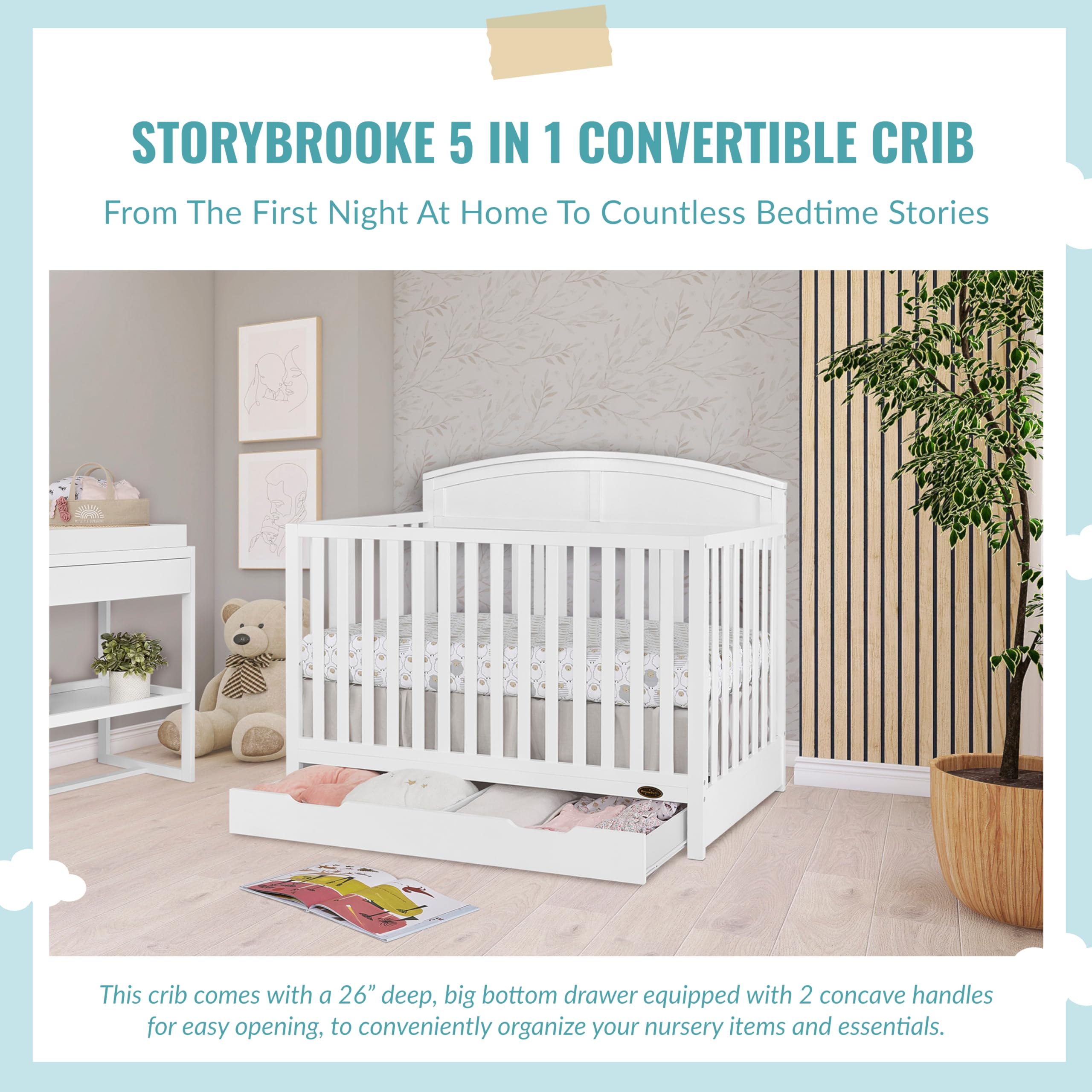 Dream On Me Storybrooke 5-in-1 Convertible Baby Crib with Storage Drawer - White | JPMA & Greenguard Gold Certified | Sustainable Pinewood Construction | Non-Toxic Water-Based Paint | Nursery Furniture for Newborns & Toddlers | Perfect for Small Spaces & Modern Nurseries