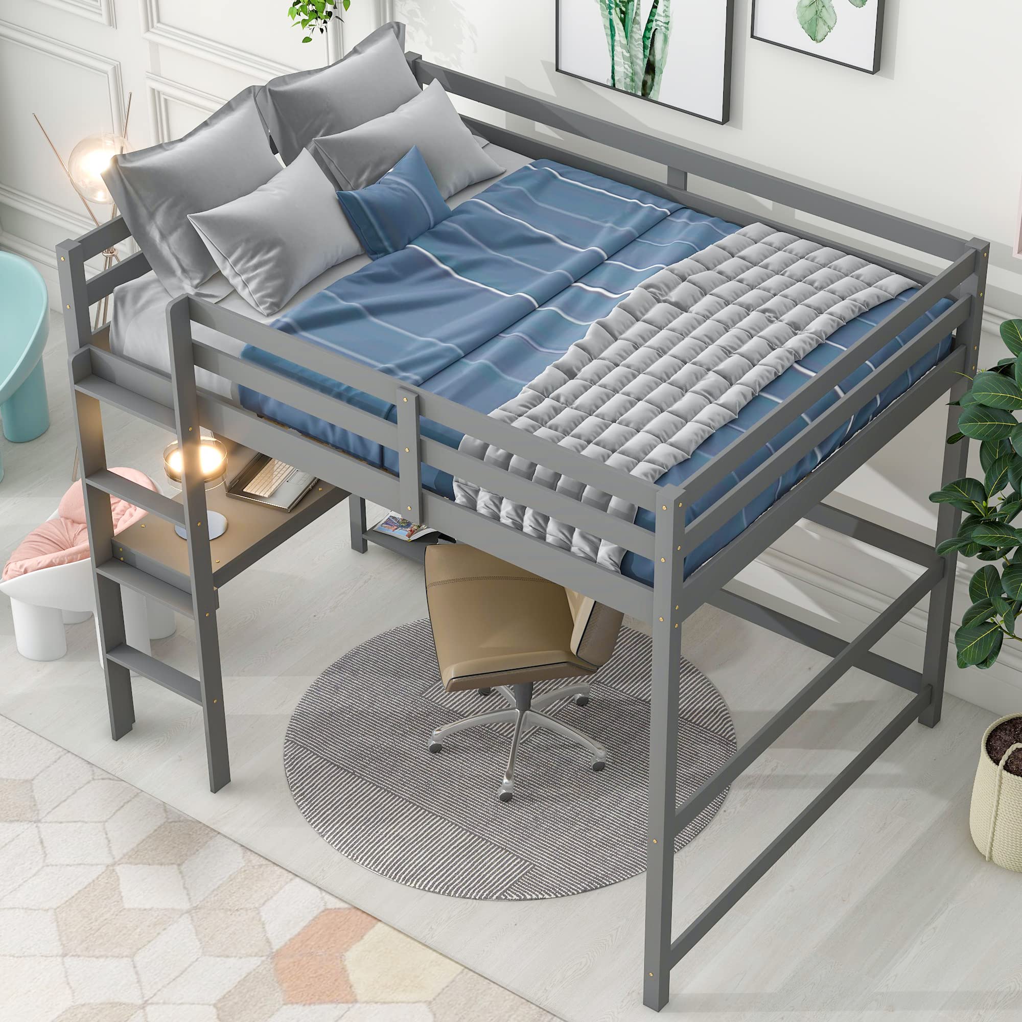 Aoowow Full Size Wood Loft Bed with Study Desk & Storage Shelves - Sturdy High Loft Bed Frame with Guardrail & Ladder for Kids & Teens - No Box Spring Needed (Gray) - Perfect for Small Bedrooms, Dorm Rooms & Space-Saving Kids' Rooms