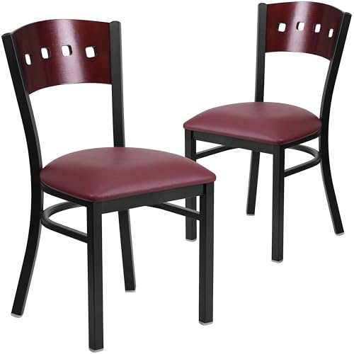 Mahogany Wood Back/Burgundy Vinyl Seat/Black Metal Frame