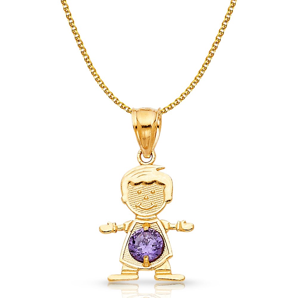 14K Yellow Gold February Birthstone Cubic Zirconia CZ Boy Charm Pendant with 1.2mm Flat Open Wheat Chain Necklace | Elegant Jewelry Gift for Valentine's Day, Anniversary, Birthday | Perfect for Women, Girls, Teens