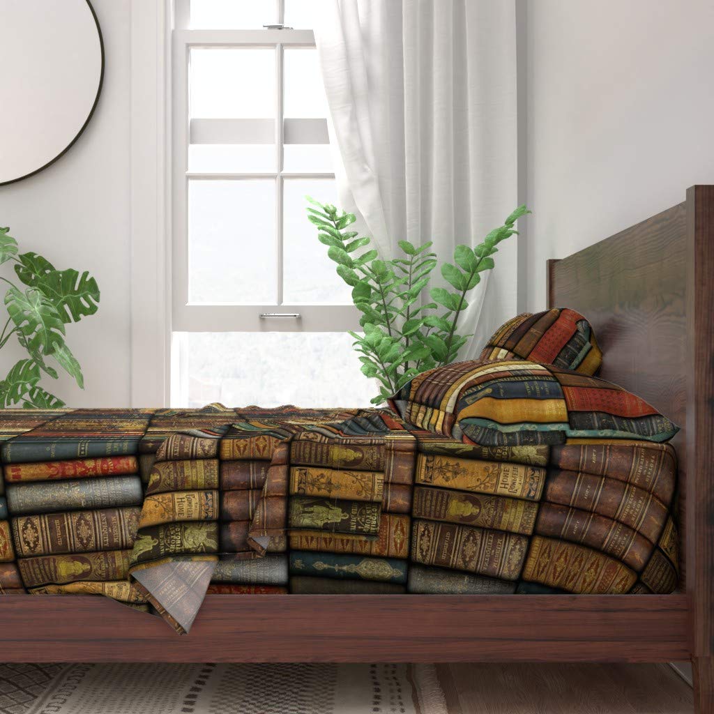 100% Cotton King Size 4-Piece Sheet Set with Library Bookshelf Print - Victorian Literary Photographic Design for Book Lovers' Bedroom Decor | Custom Bedding for Readers & Bibliophiles