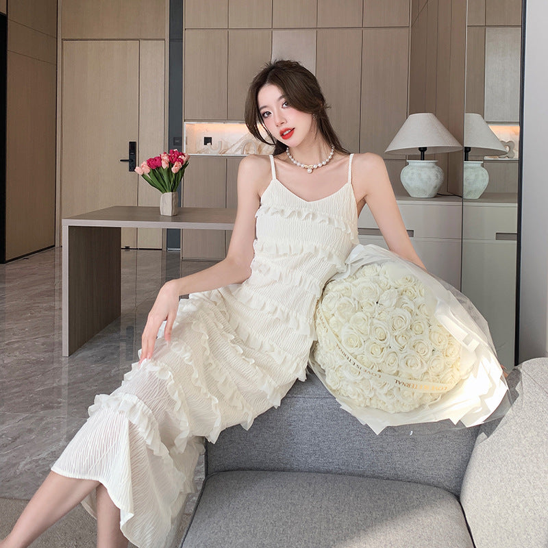 Elegant French White Suspender Dress - Summer Fairy Long Layered Skirt for Women | Perfect for Weddings, Parties & Romantic Outfits