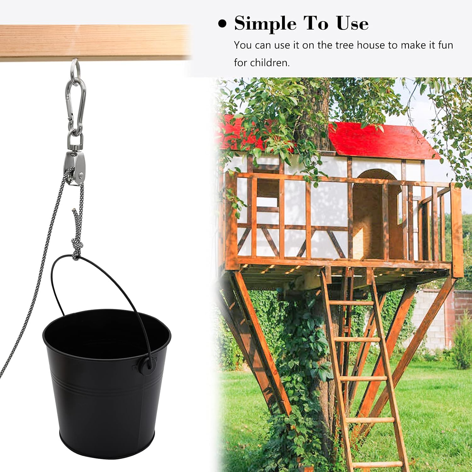 FUQUN Kids Treehouse Accessories Set - 2 Pack Black Pulley System with Bucket for Outdoor Playhouse, Pirate Ship & Backyard Games | Perfect for Tree Forts, Playgrounds & Adventure Play