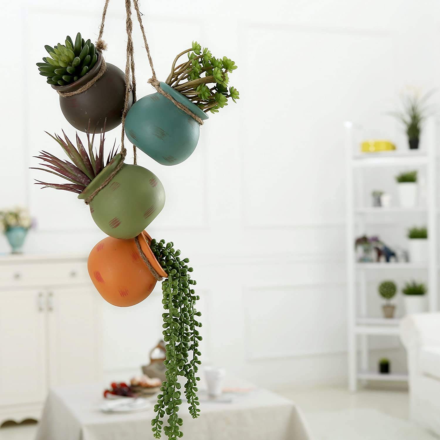 Southwest Style Ceramic Hanging Planter Set of 4 - Wall or Ceiling Mount Mini Flower Pots for Succulents, Herbs, Air Plants (Live or Faux) - Perfect for Boho Home Decor, Kitchen Gardens & Outdoor Spaces