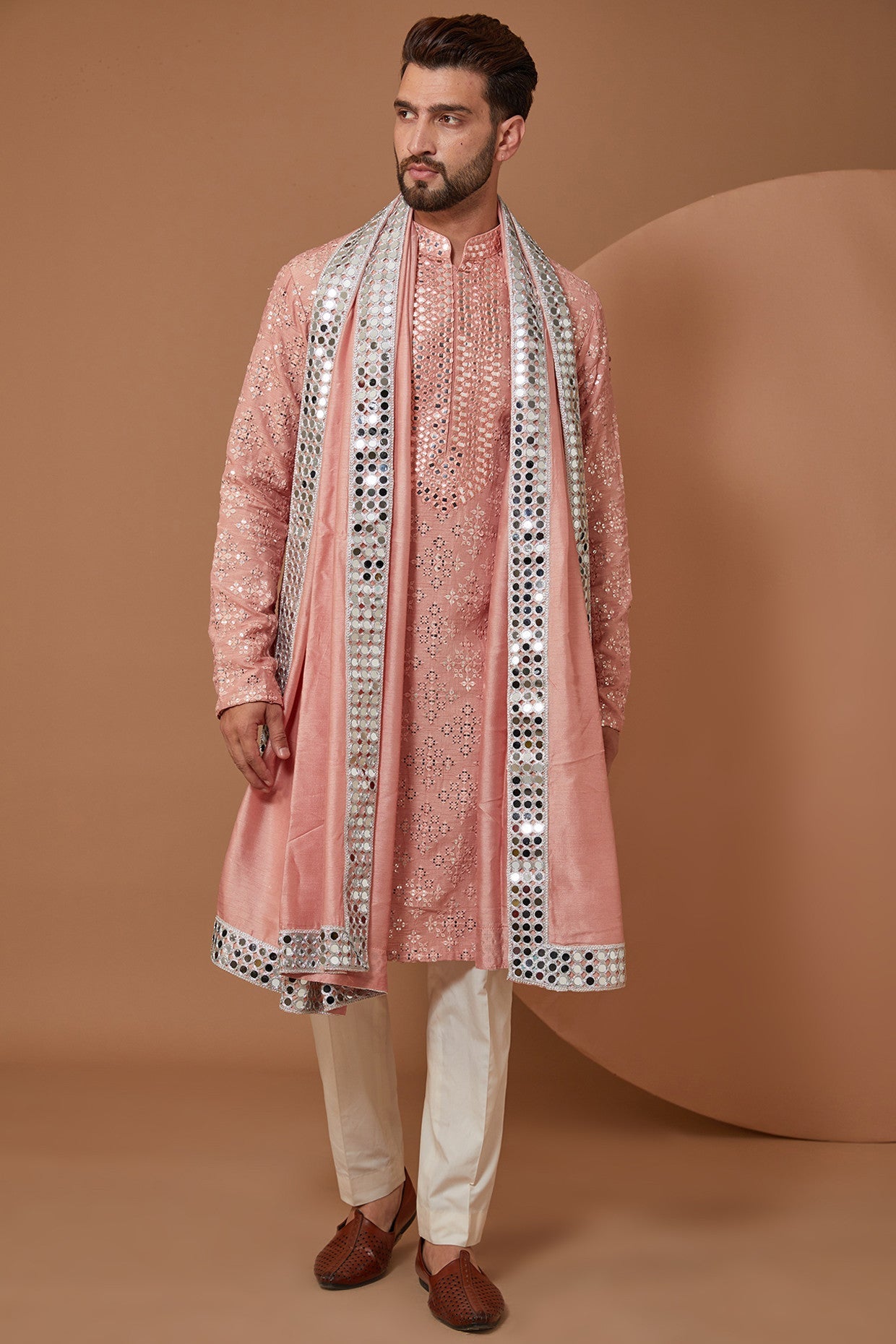 Elegant Peach Mirror Work Kurta with Matching Stole - Traditional Indian Embroidered Tunic for Women - Perfect for Festivals, Weddings, and Special Occasions