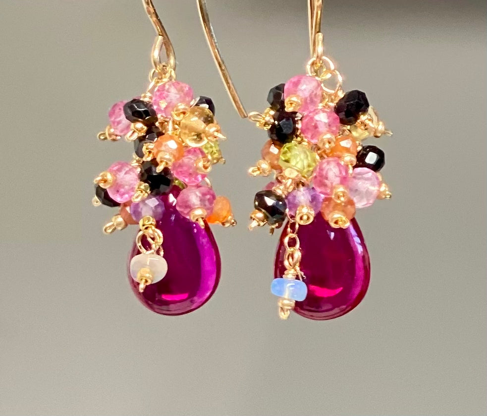 Natural Pink Rubellite Gemstone Cluster Earrings for Women - Elegant Handmade Jewelry Gift for Birthday, Anniversary & Special Occasions